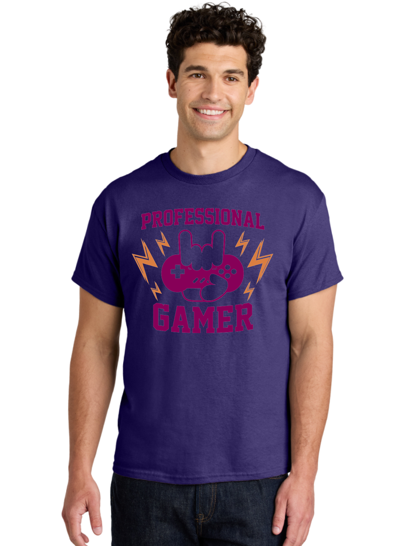 Professional-Gamer Men'S Graphic Tee, 100% Cotton, Comfortable Casual Summer Wear, Machine Washable, Professional Gamer, Gaming Logo, Video Game Controller, Rock On Hand Sign, Esports Branding, Gaming Culture, Purple And Green Graphics, - Aaa658 30