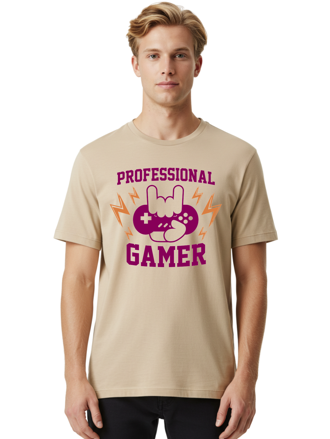 Professional-Gamer Men'S Graphic Tee, 100% Cotton, Comfortable Casual Summer Wear, Machine Washable, Professional Gamer, Gaming Logo, Video Game Controller, Rock On Hand Sign, Esports Branding, Gaming Culture, Purple And Green Graphics, - Aaa658 16