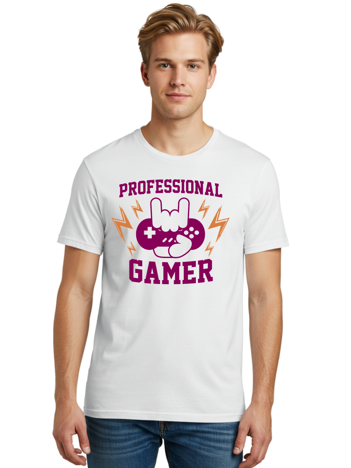 Professional-Gamer Men'S Graphic Tee, 100% Cotton, Comfortable Casual Summer Wear, Machine Washable, Professional Gamer, Gaming Logo, Video Game Controller, Rock On Hand Sign, Esports Branding, Gaming Culture, Purple And Green Graphics, - Aaa658 6