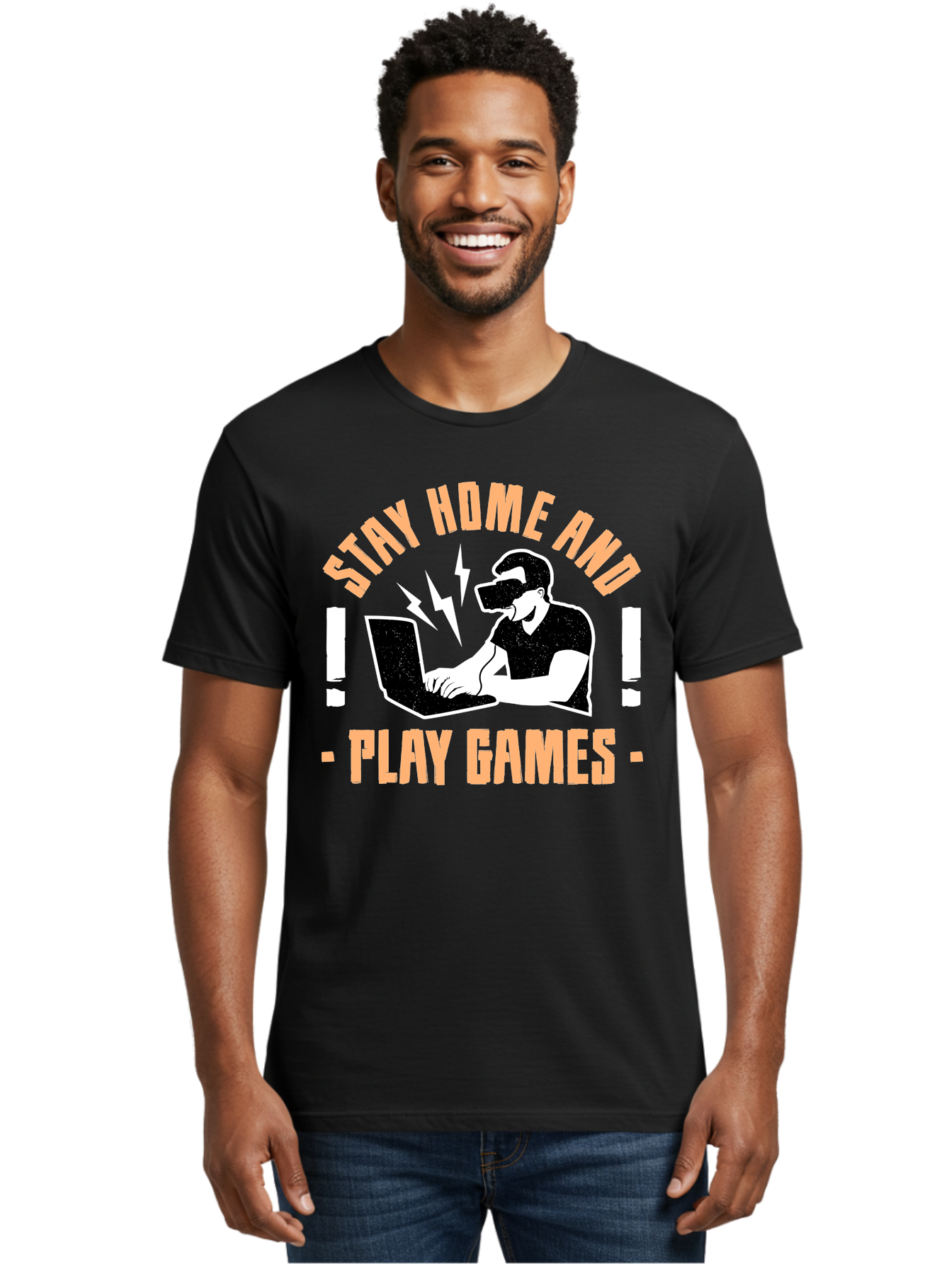 Stay-Home-And-Play-Games Men'S Graphic Tee, 100% Cotton, Comfortable Casual Summer Wear, Machine Washable, Gamer Playing Games On Laptop, Virtual Reality Gaming, Online Gaming, Stay Home Message, Gaming Promotion, Vr Headset - Aaa661 6