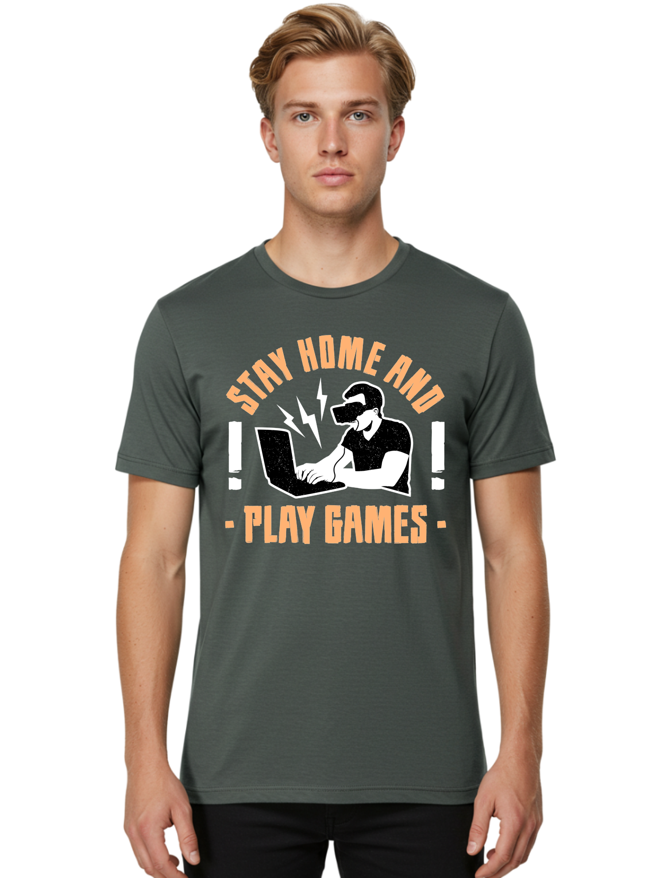 Stay-Home-And-Play-Games Men'S Graphic Tee, 100% Cotton, Comfortable Casual Summer Wear, Machine Washable, Gamer Playing Games On Laptop, Virtual Reality Gaming, Online Gaming, Stay Home Message, Gaming Promotion, Vr Headset - Aaa661 22