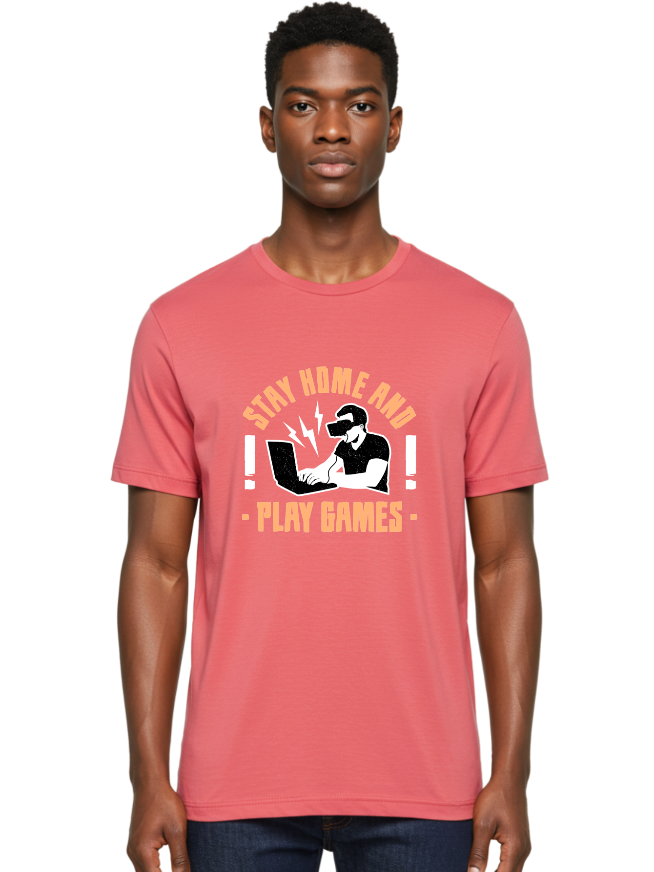 Stay-Home-And-Play-Games Men'S Graphic Tee, 100% Cotton, Comfortable Casual Summer Wear, Machine Washable, Gamer Playing Games On Laptop, Virtual Reality Gaming, Online Gaming, Stay Home Message, Gaming Promotion, Vr Headset - Aaa661 12
