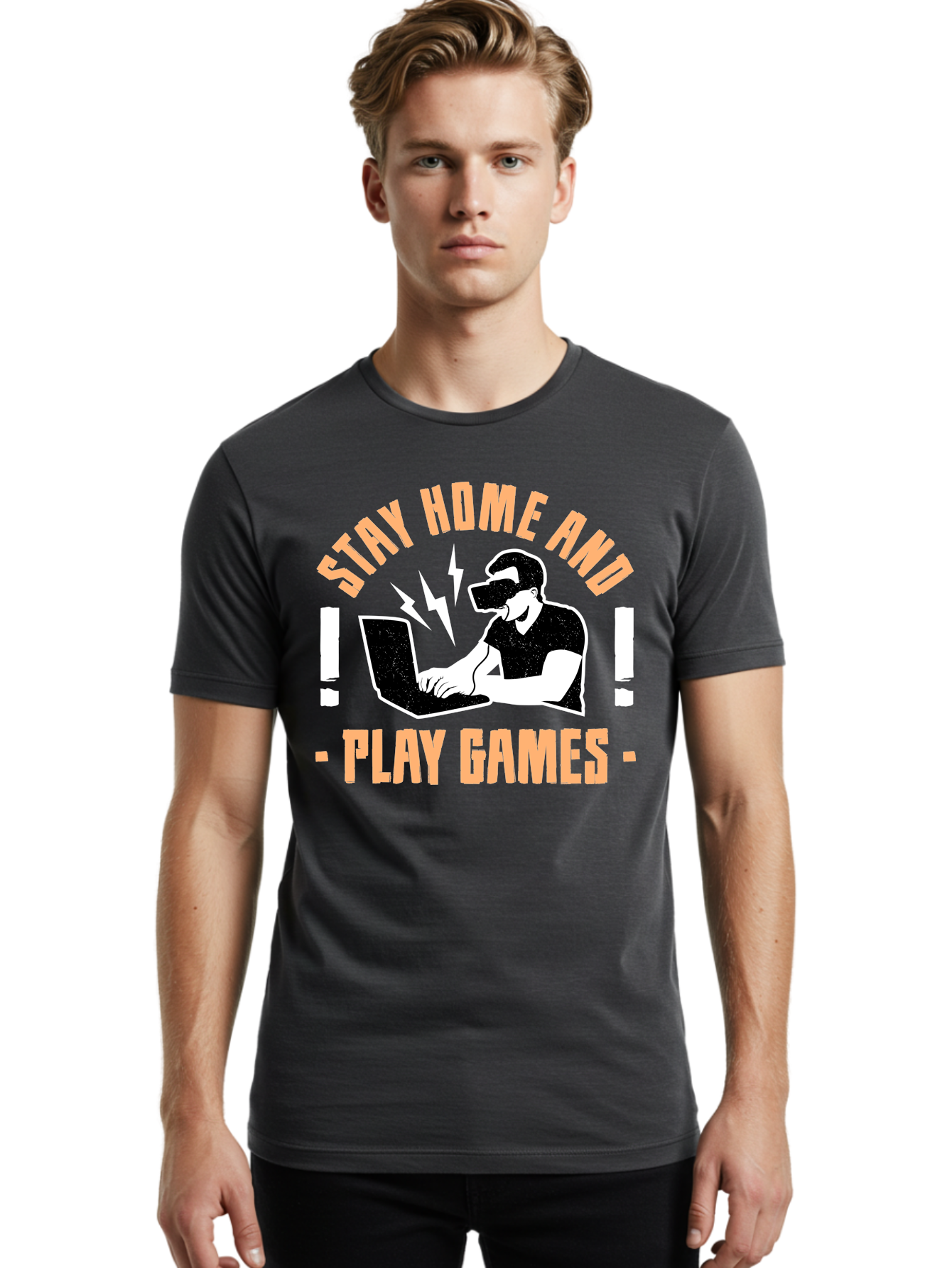 Stay-Home-And-Play-Games Men'S Graphic Tee, 100% Cotton, Comfortable Casual Summer Wear, Machine Washable, Gamer Playing Games On Laptop, Virtual Reality Gaming, Online Gaming, Stay Home Message, Gaming Promotion, Vr Headset - Aaa661 8