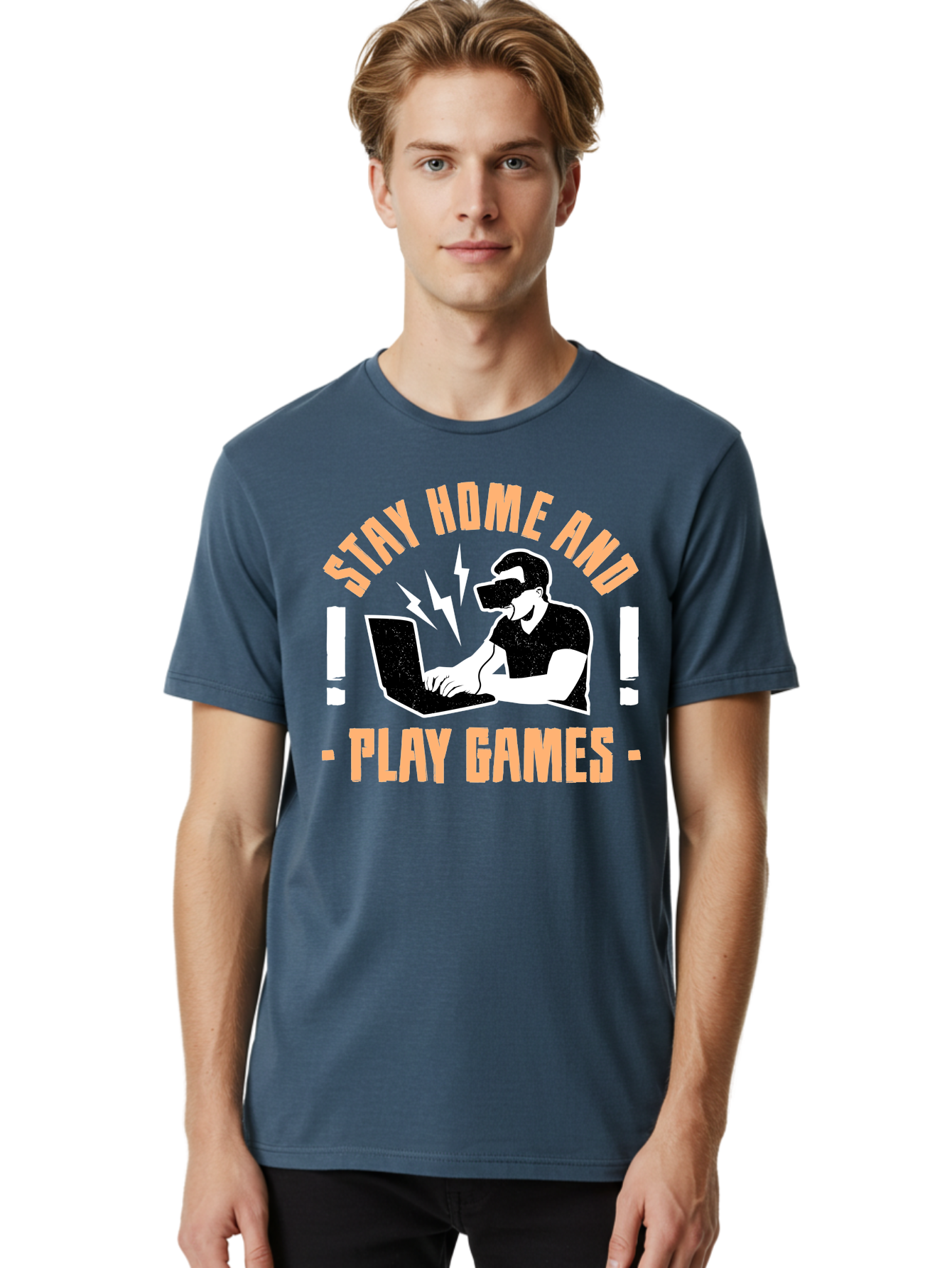 Stay-Home-And-Play-Games Men'S Graphic Tee, 100% Cotton, Comfortable Casual Summer Wear, Machine Washable, Gamer Playing Games On Laptop, Virtual Reality Gaming, Online Gaming, Stay Home Message, Gaming Promotion, Vr Headset - Aaa661 10