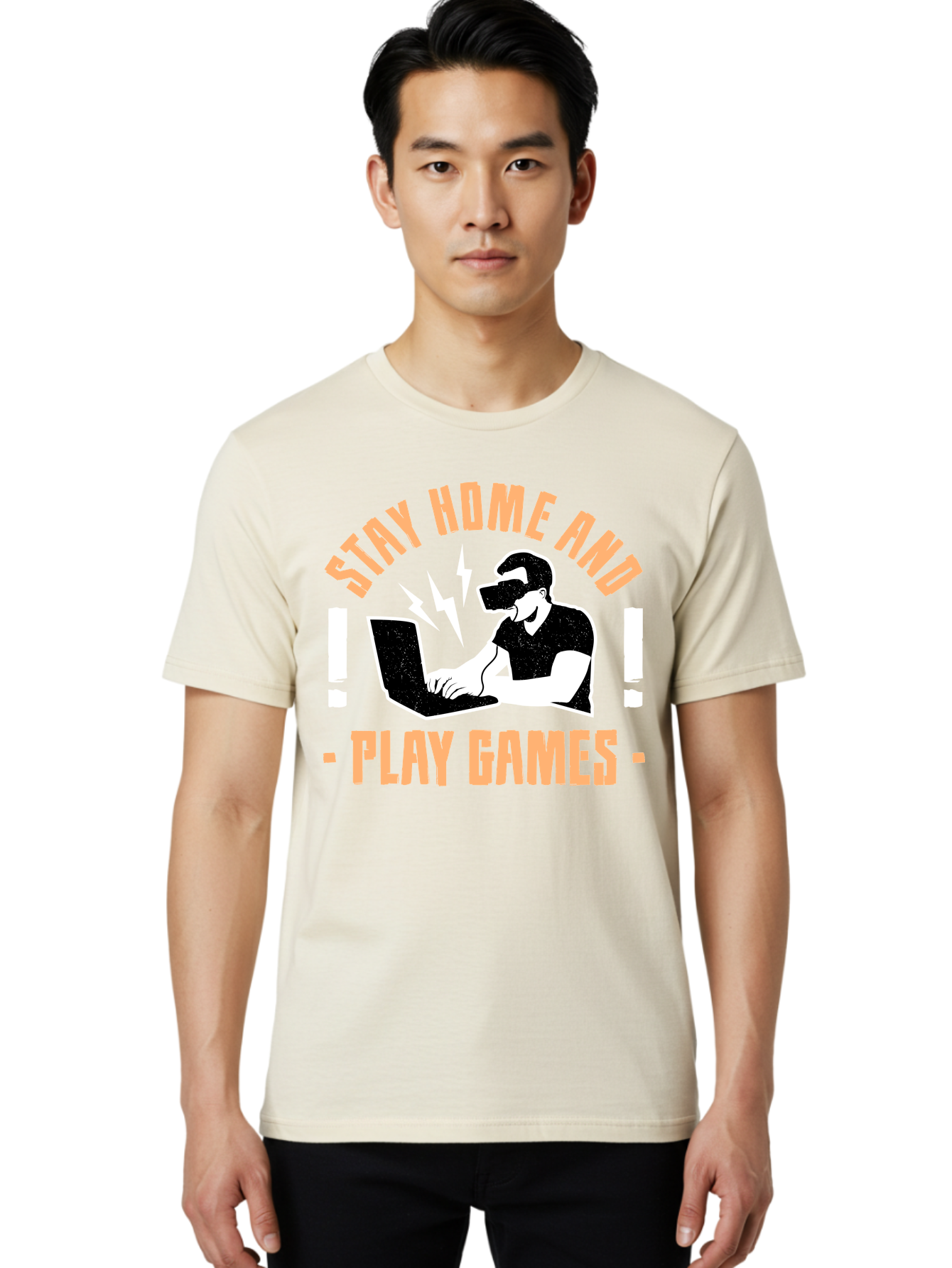 Stay-Home-And-Play-Games Men'S Graphic Tee, 100% Cotton, Comfortable Casual Summer Wear, Machine Washable, Gamer Playing Games On Laptop, Virtual Reality Gaming, Online Gaming, Stay Home Message, Gaming Promotion, Vr Headset - Aaa661 26