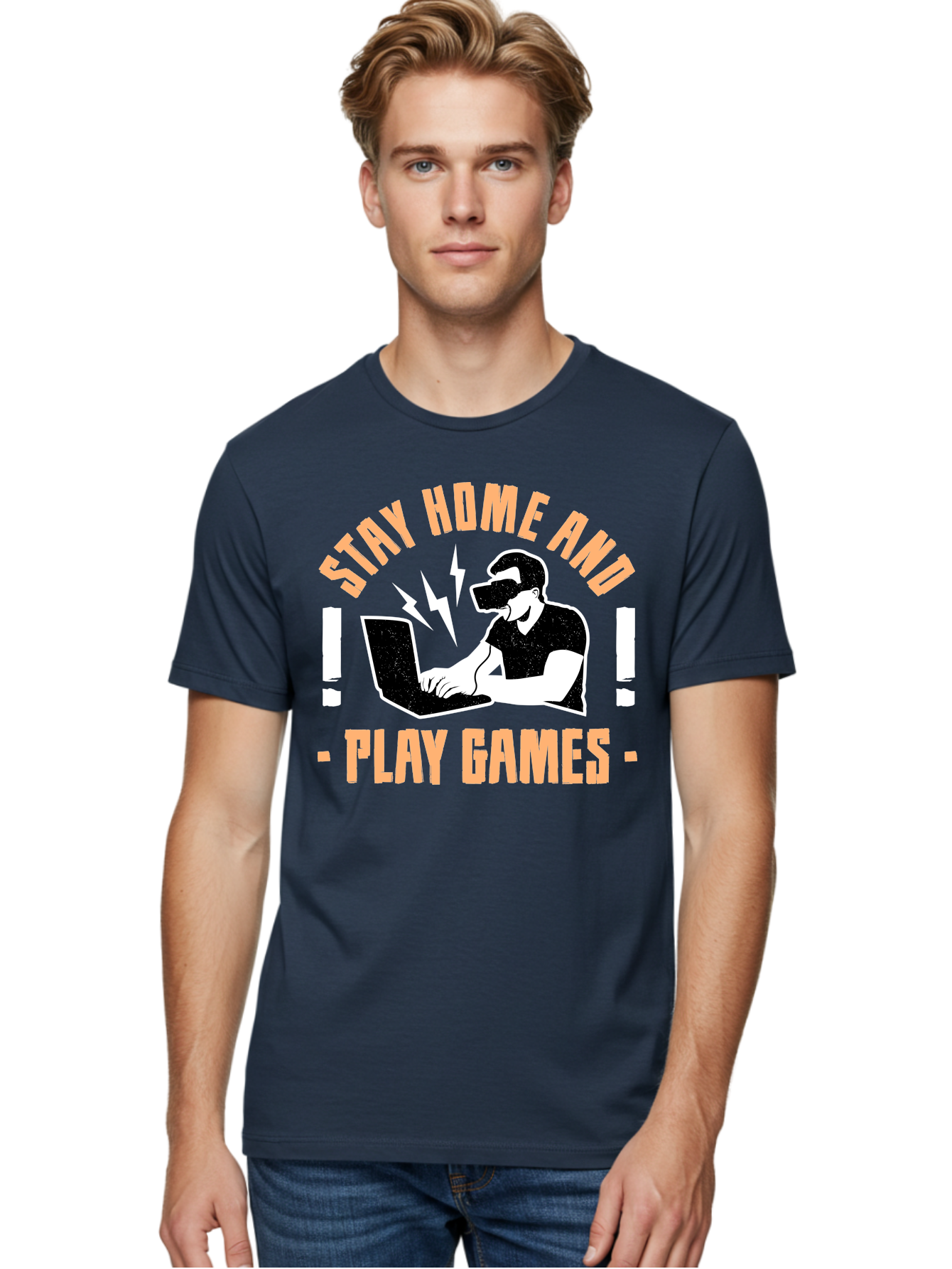 Stay-Home-And-Play-Games Men'S Graphic Tee, 100% Cotton, Comfortable Casual Summer Wear, Machine Washable, Gamer Playing Games On Laptop, Virtual Reality Gaming, Online Gaming, Stay Home Message, Gaming Promotion, Vr Headset - Aaa661 4