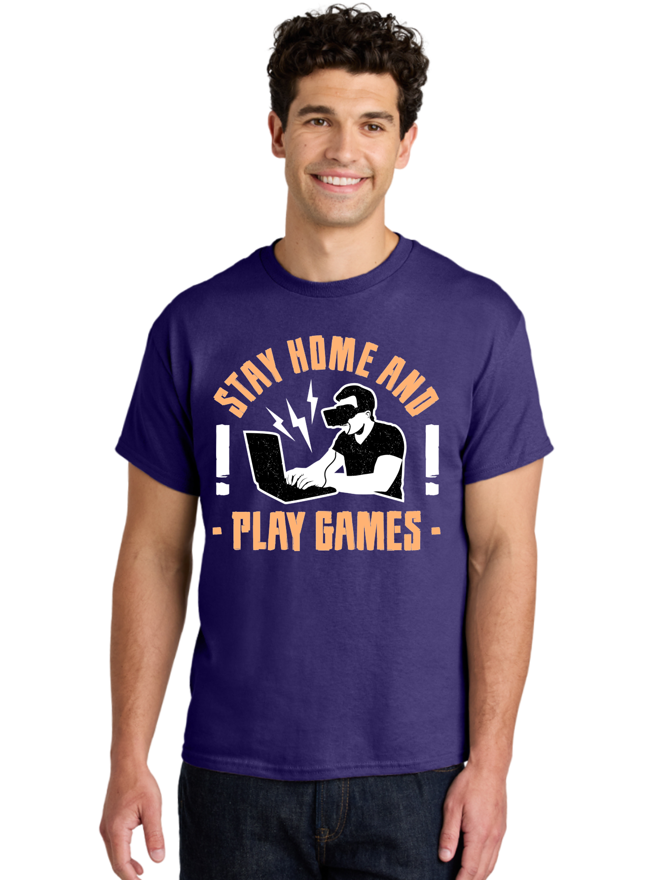 Stay-Home-And-Play-Games Men'S Graphic Tee, 100% Cotton, Comfortable Casual Summer Wear, Machine Washable, Gamer Playing Games On Laptop, Virtual Reality Gaming, Online Gaming, Stay Home Message, Gaming Promotion, Vr Headset - Aaa661 18