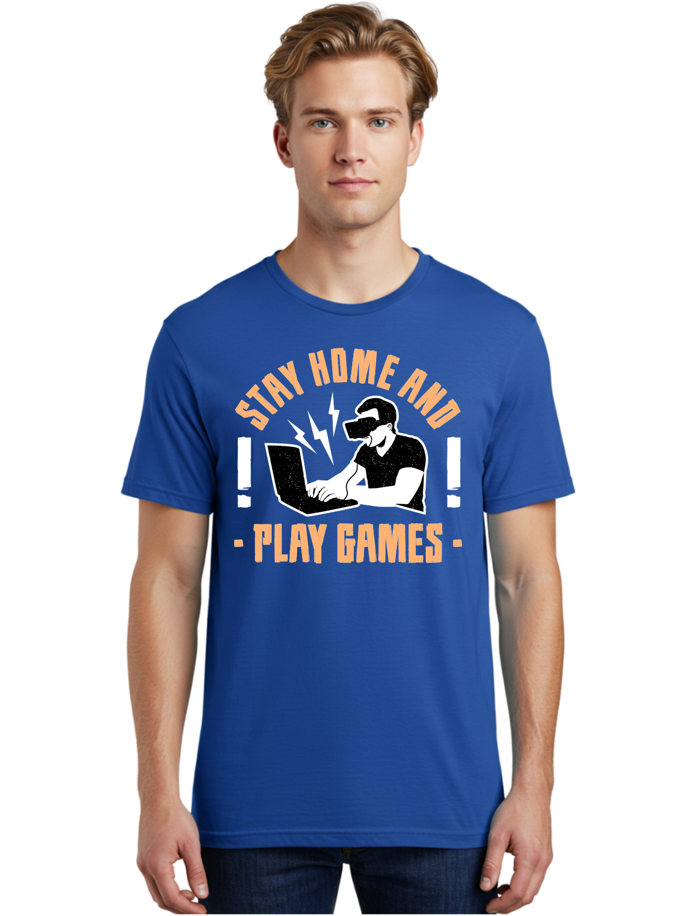Stay-Home-And-Play-Games Men'S Graphic Tee, 100% Cotton, Comfortable Casual Summer Wear, Machine Washable, Gamer Playing Games On Laptop, Virtual Reality Gaming, Online Gaming, Stay Home Message, Gaming Promotion, Vr Headset - Aaa661 30