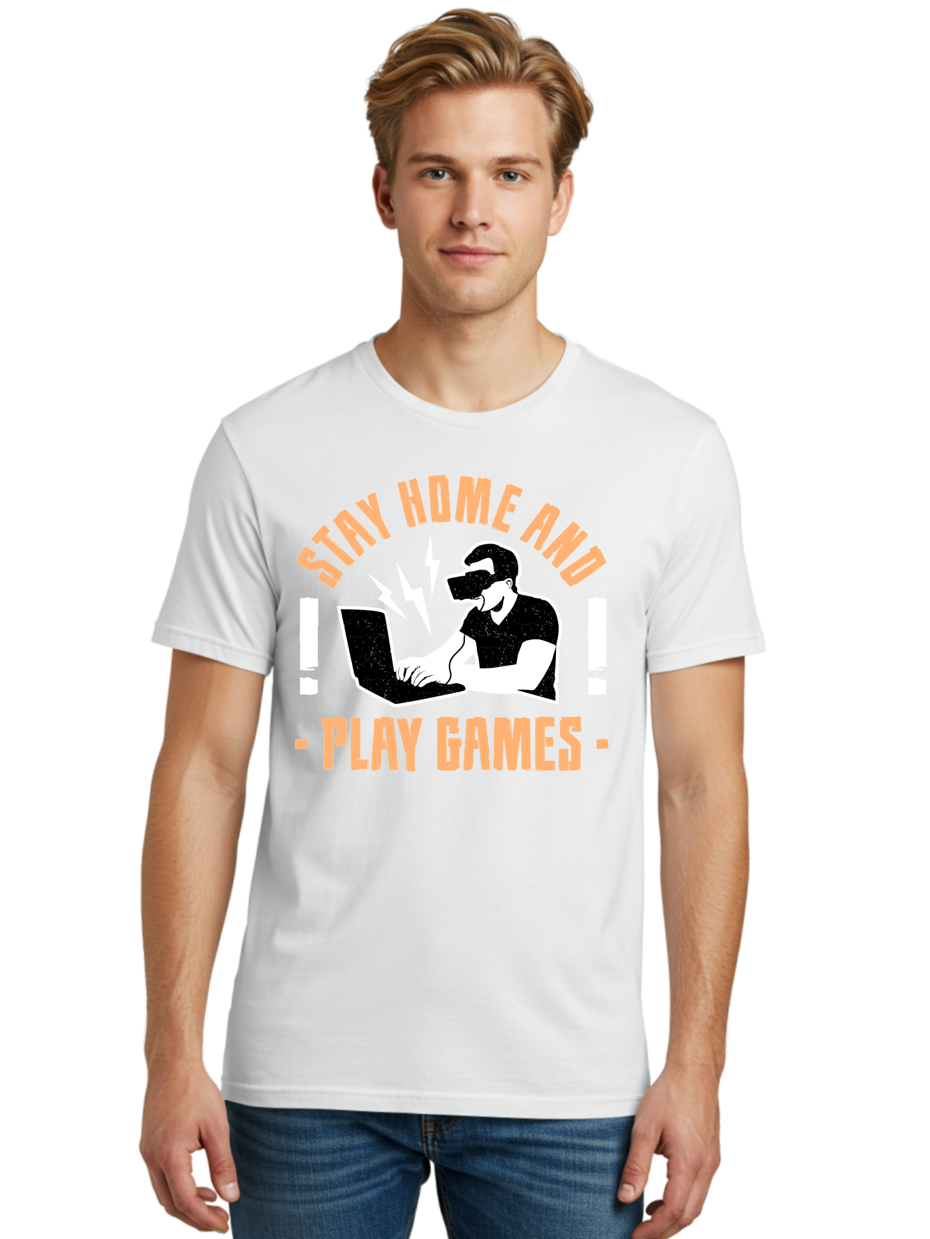 Stay-Home-And-Play-Games Men'S Graphic Tee, 100% Cotton, Comfortable Casual Summer Wear, Machine Washable, Gamer Playing Games On Laptop, Virtual Reality Gaming, Online Gaming, Stay Home Message, Gaming Promotion, Vr Headset - Aaa661 20