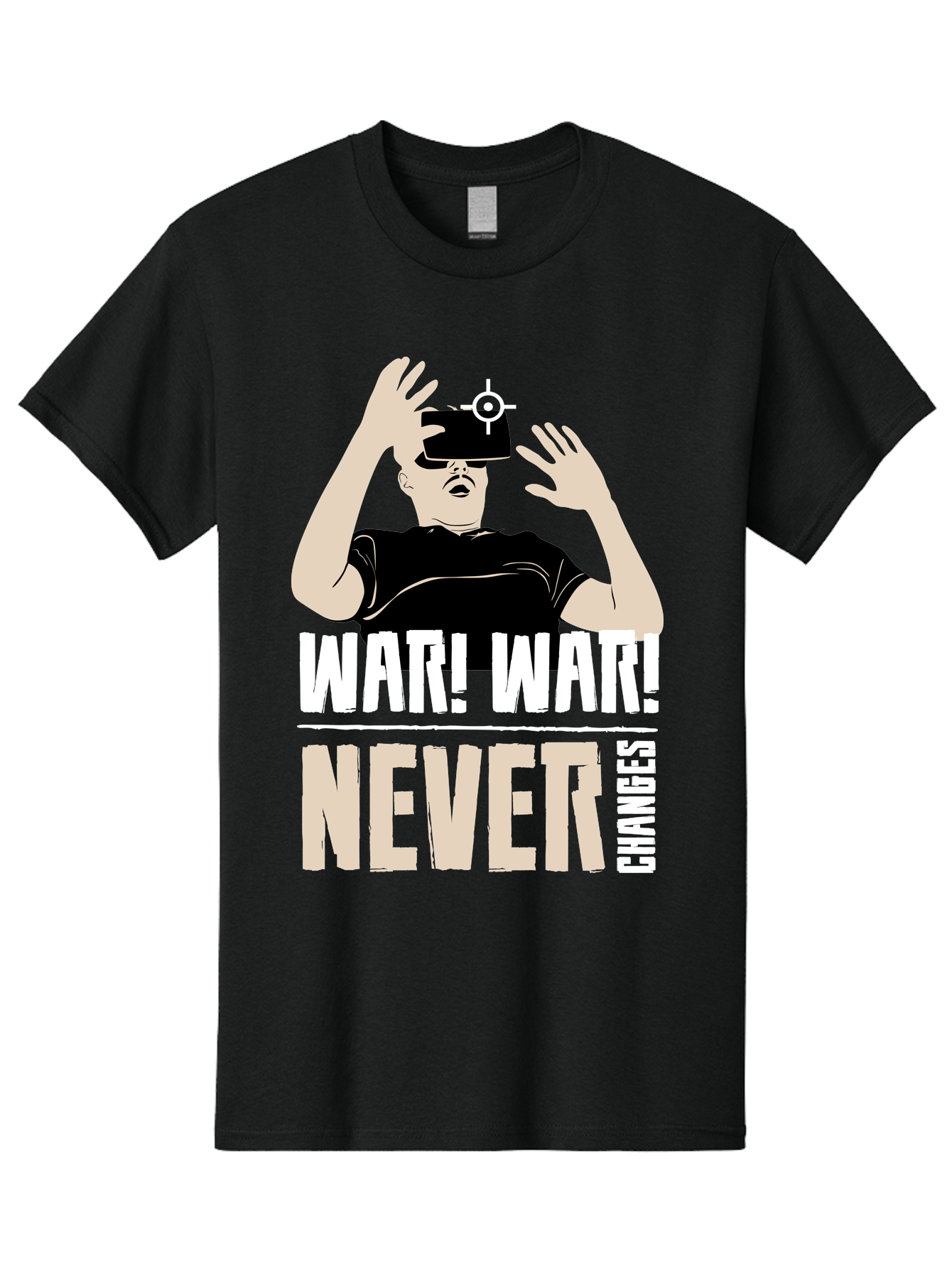 War-War-Never-Changes Men'S Graphic Tee, 100% Cotton, Comfortable Casual Summer Wear, Machine Washable, Man Wearing Vr Headset, Futuristic Technology, Gaming Experience, Immersive Reality, Bold Typography, Contrasting Colors, - Aaa666 3
