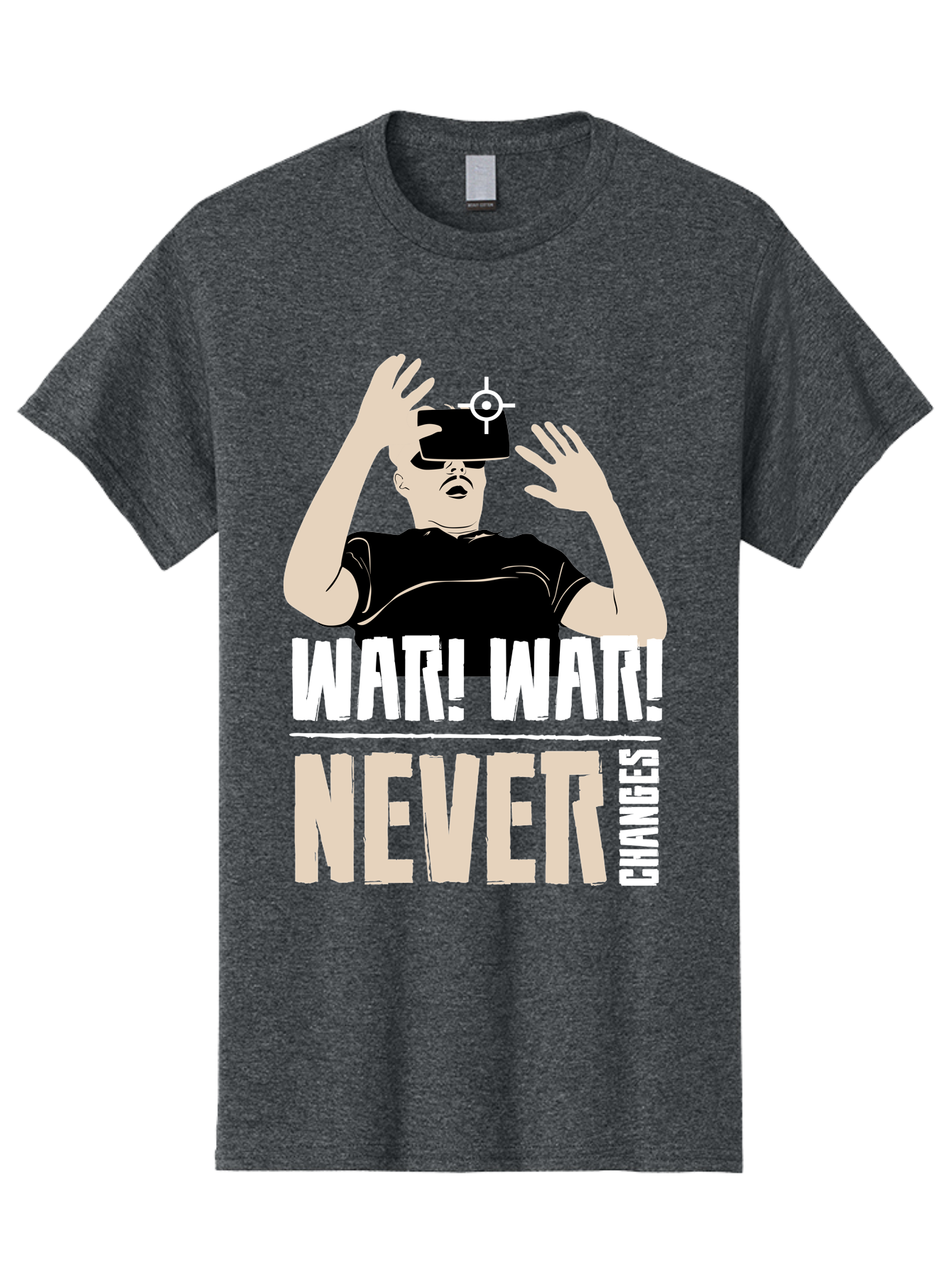 War-War-Never-Changes Men'S Graphic Tee, 100% Cotton, Comfortable Casual Summer Wear, Machine Washable, Man Wearing Vr Headset, Futuristic Technology, Gaming Experience, Immersive Reality, Bold Typography, Contrasting Colors, - Aaa666 25