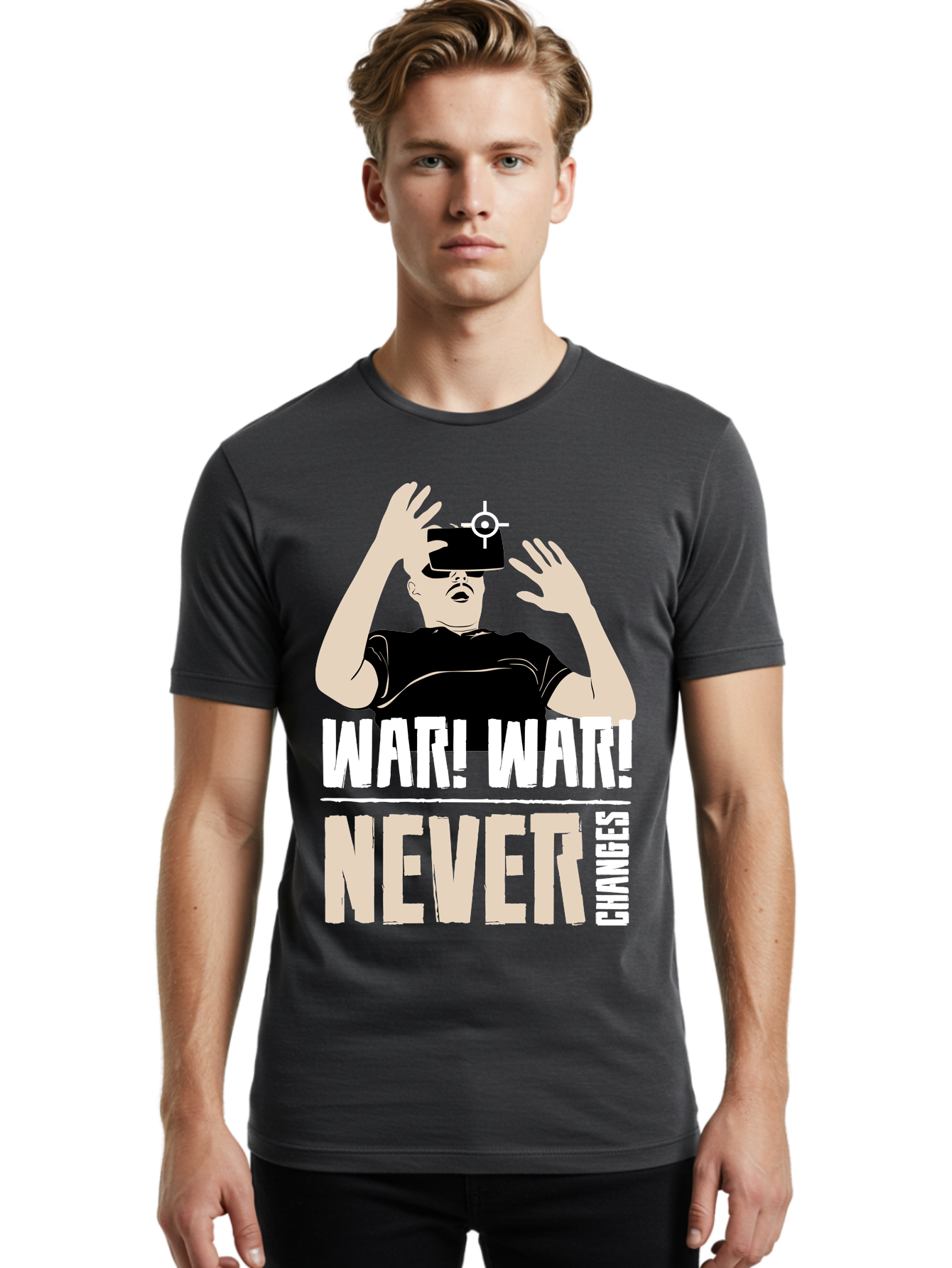 War-War-Never-Changes Men'S Graphic Tee, 100% Cotton, Comfortable Casual Summer Wear, Machine Washable, Man Wearing Vr Headset, Futuristic Technology, Gaming Experience, Immersive Reality, Bold Typography, Contrasting Colors, - Aaa666 26