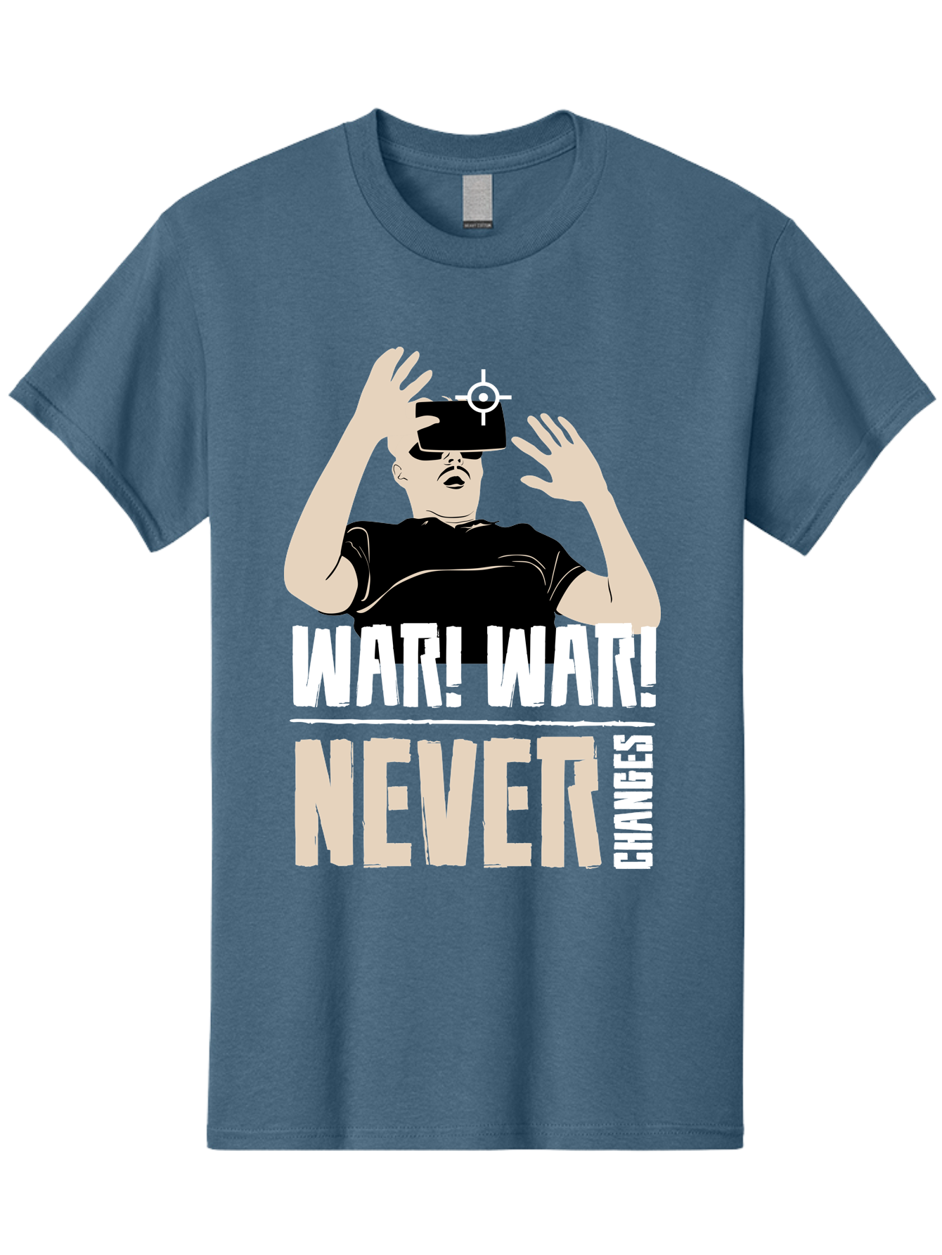 War-War-Never-Changes Men'S Graphic Tee, 100% Cotton, Comfortable Casual Summer Wear, Machine Washable, Man Wearing Vr Headset, Futuristic Technology, Gaming Experience, Immersive Reality, Bold Typography, Contrasting Colors, - Aaa666 11