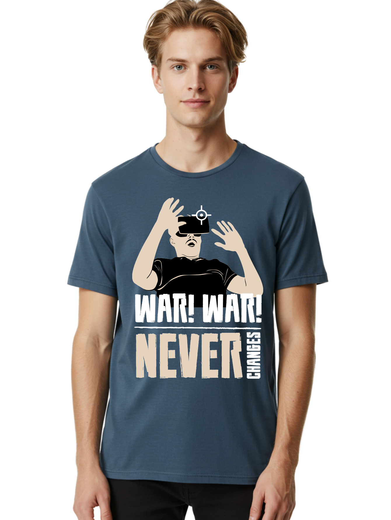War-War-Never-Changes Men'S Graphic Tee, 100% Cotton, Comfortable Casual Summer Wear, Machine Washable, Man Wearing Vr Headset, Futuristic Technology, Gaming Experience, Immersive Reality, Bold Typography, Contrasting Colors, - Aaa666 8