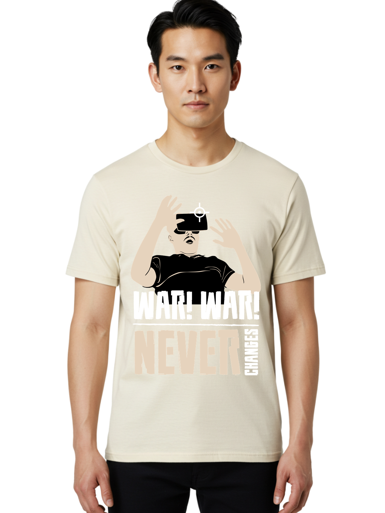 War-War-Never-Changes Men'S Graphic Tee, 100% Cotton, Comfortable Casual Summer Wear, Machine Washable, Man Wearing Vr Headset, Futuristic Technology, Gaming Experience, Immersive Reality, Bold Typography, Contrasting Colors, - Aaa666 20