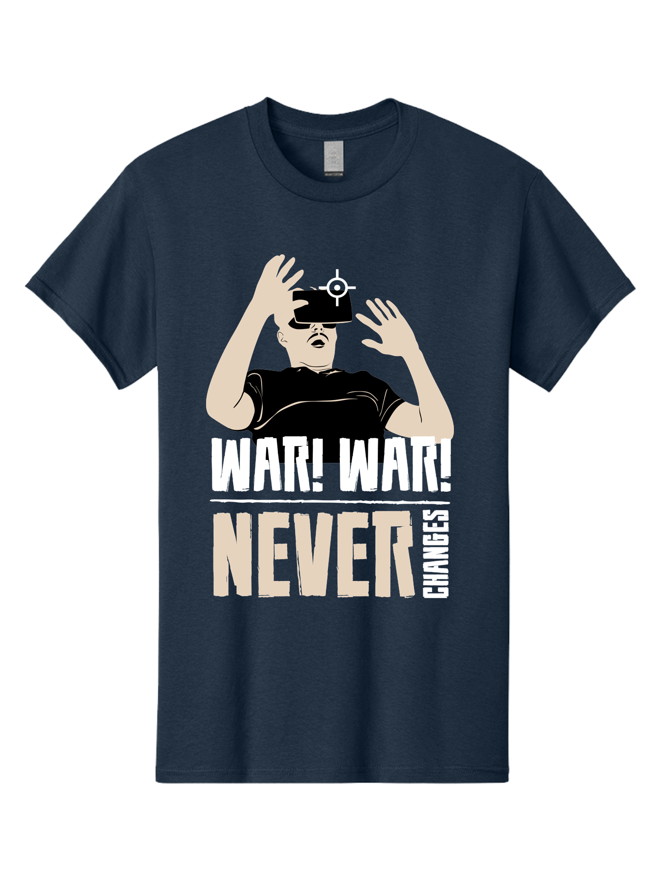 War-War-Never-Changes Men'S Graphic Tee, 100% Cotton, Comfortable Casual Summer Wear, Machine Washable, Man Wearing Vr Headset, Futuristic Technology, Gaming Experience, Immersive Reality, Bold Typography, Contrasting Colors, - Aaa666 19