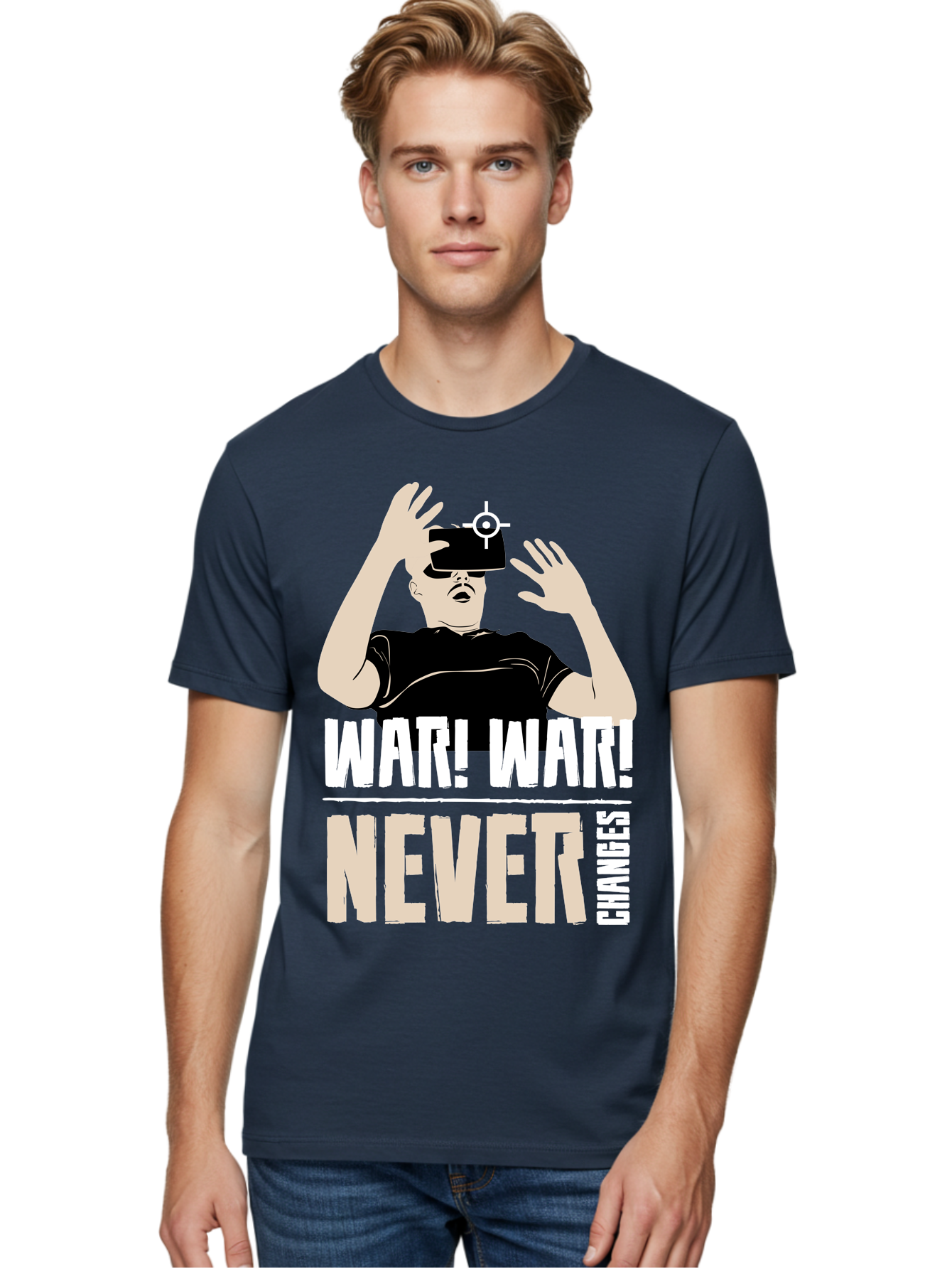 War-War-Never-Changes Men'S Graphic Tee, 100% Cotton, Comfortable Casual Summer Wear, Machine Washable, Man Wearing Vr Headset, Futuristic Technology, Gaming Experience, Immersive Reality, Bold Typography, Contrasting Colors, - Aaa666 20