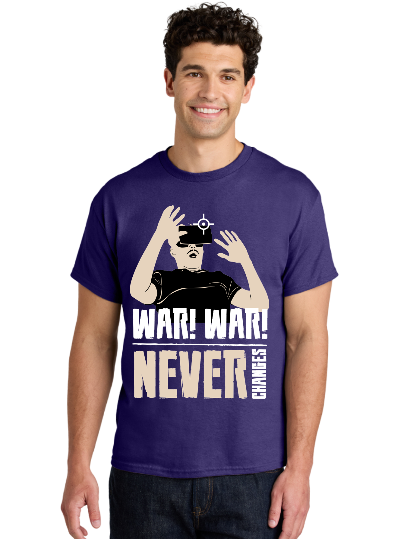 War-War-Never-Changes Men'S Graphic Tee, 100% Cotton, Comfortable Casual Summer Wear, Machine Washable, Man Wearing Vr Headset, Futuristic Technology, Gaming Experience, Immersive Reality, Bold Typography, Contrasting Colors, - Aaa666 14