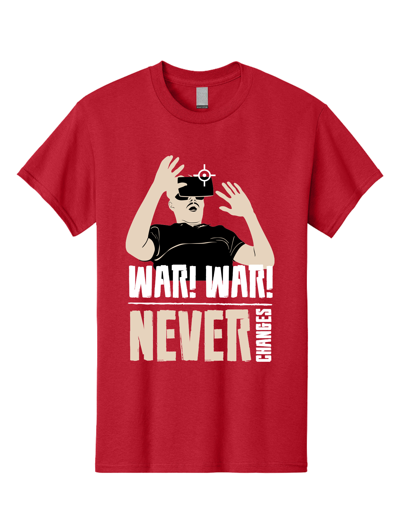 War-War-Never-Changes Men'S Graphic Tee, 100% Cotton, Comfortable Casual Summer Wear, Machine Washable, Man Wearing Vr Headset, Futuristic Technology, Gaming Experience, Immersive Reality, Bold Typography, Contrasting Colors, - Aaa666 9