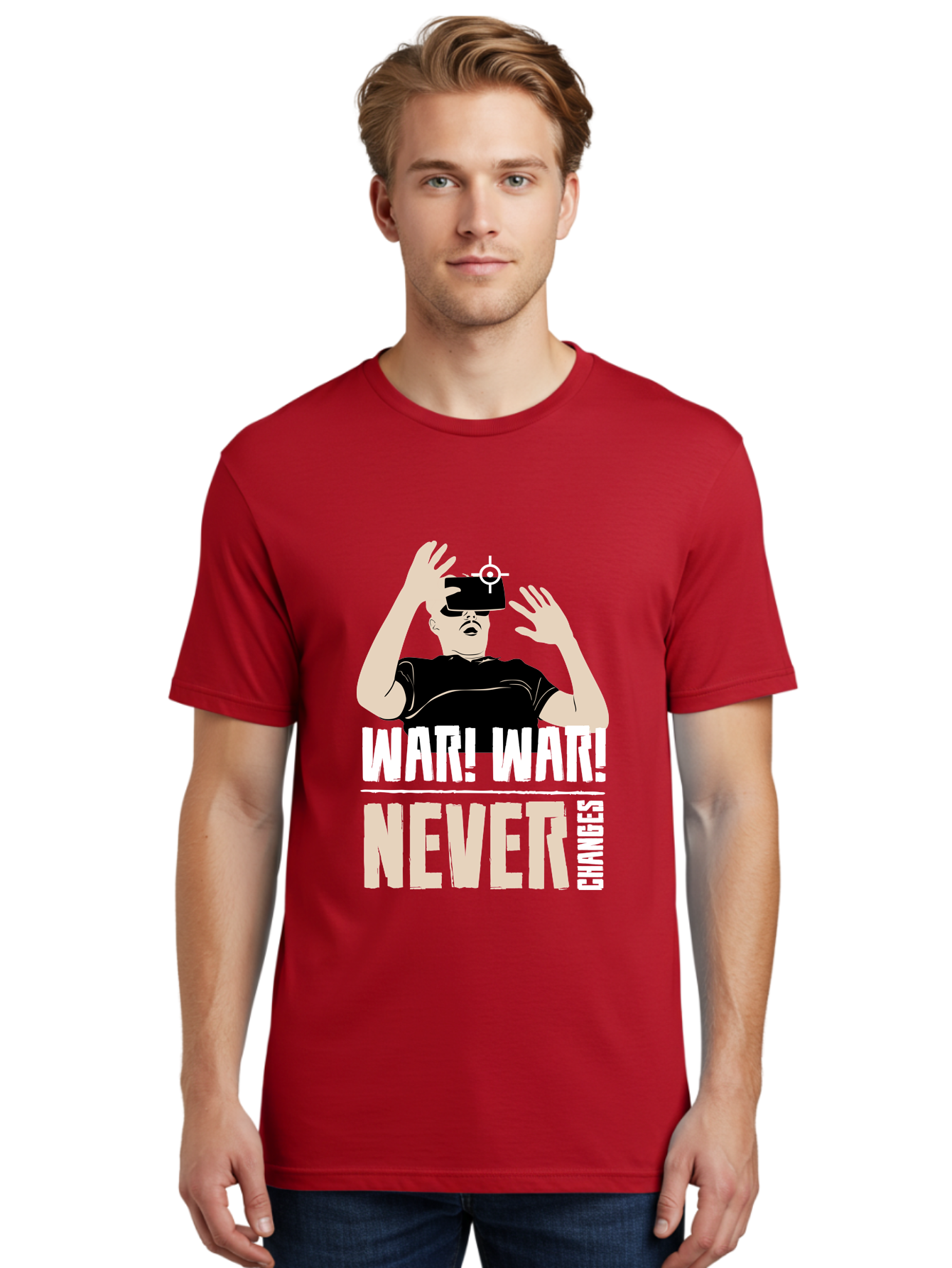 War-War-Never-Changes Men'S Graphic Tee, 100% Cotton, Comfortable Casual Summer Wear, Machine Washable, Man Wearing Vr Headset, Futuristic Technology, Gaming Experience, Immersive Reality, Bold Typography, Contrasting Colors, - Aaa666 10