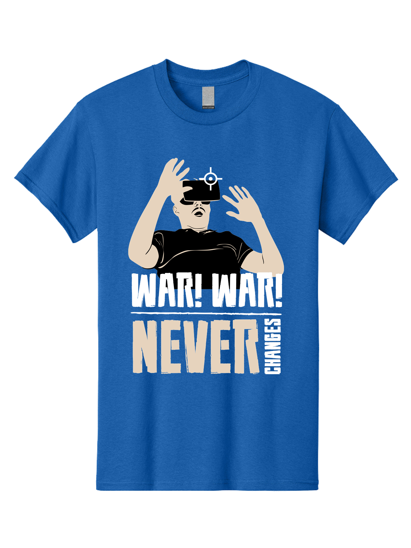 War-War-Never-Changes Men'S Graphic Tee, 100% Cotton, Comfortable Casual Summer Wear, Machine Washable, Man Wearing Vr Headset, Futuristic Technology, Gaming Experience, Immersive Reality, Bold Typography, Contrasting Colors, - Aaa666 23