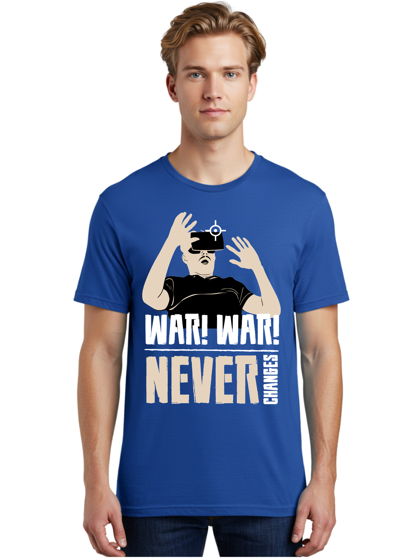 War-War-Never-Changes Men'S Graphic Tee, 100% Cotton, Comfortable Casual Summer Wear, Machine Washable, Man Wearing Vr Headset, Futuristic Technology, Gaming Experience, Immersive Reality, Bold Typography, Contrasting Colors, - Aaa666 24