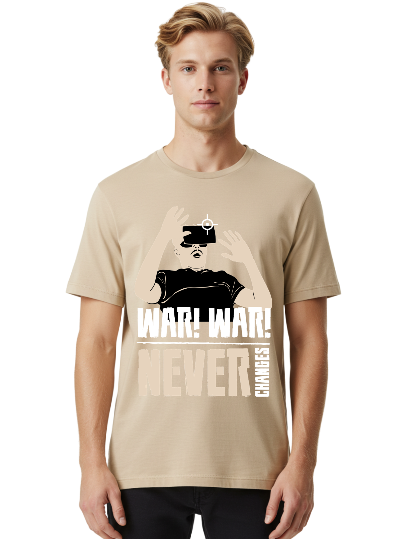 War-War-Never-Changes Men'S Graphic Tee, 100% Cotton, Comfortable Casual Summer Wear, Machine Washable, Man Wearing Vr Headset, Futuristic Technology, Gaming Experience, Immersive Reality, Bold Typography, Contrasting Colors, - Aaa666 16