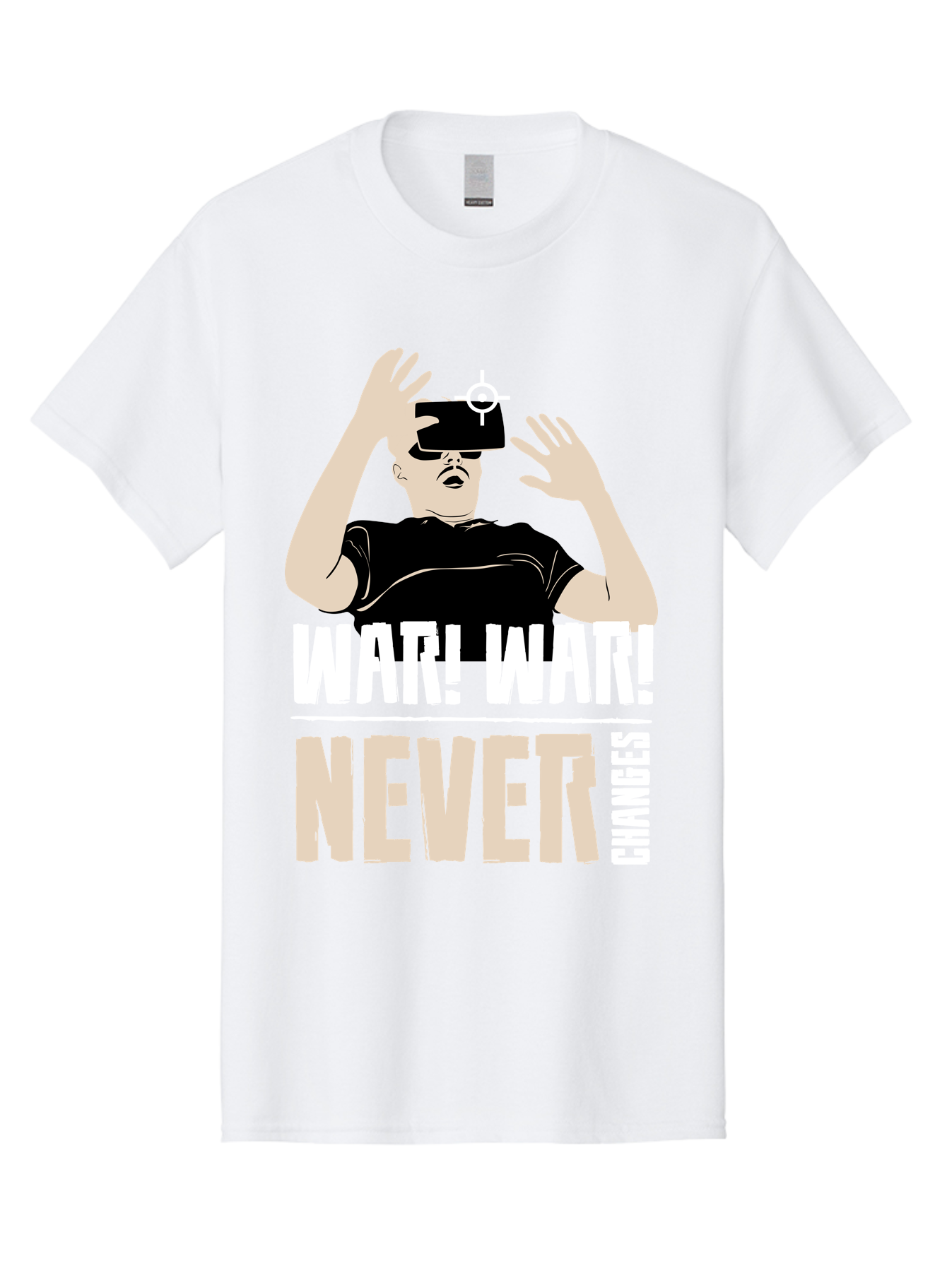 War-War-Never-Changes Men'S Graphic Tee, 100% Cotton, Comfortable Casual Summer Wear, Machine Washable, Man Wearing Vr Headset, Futuristic Technology, Gaming Experience, Immersive Reality, Bold Typography, Contrasting Colors, - Aaa666 11