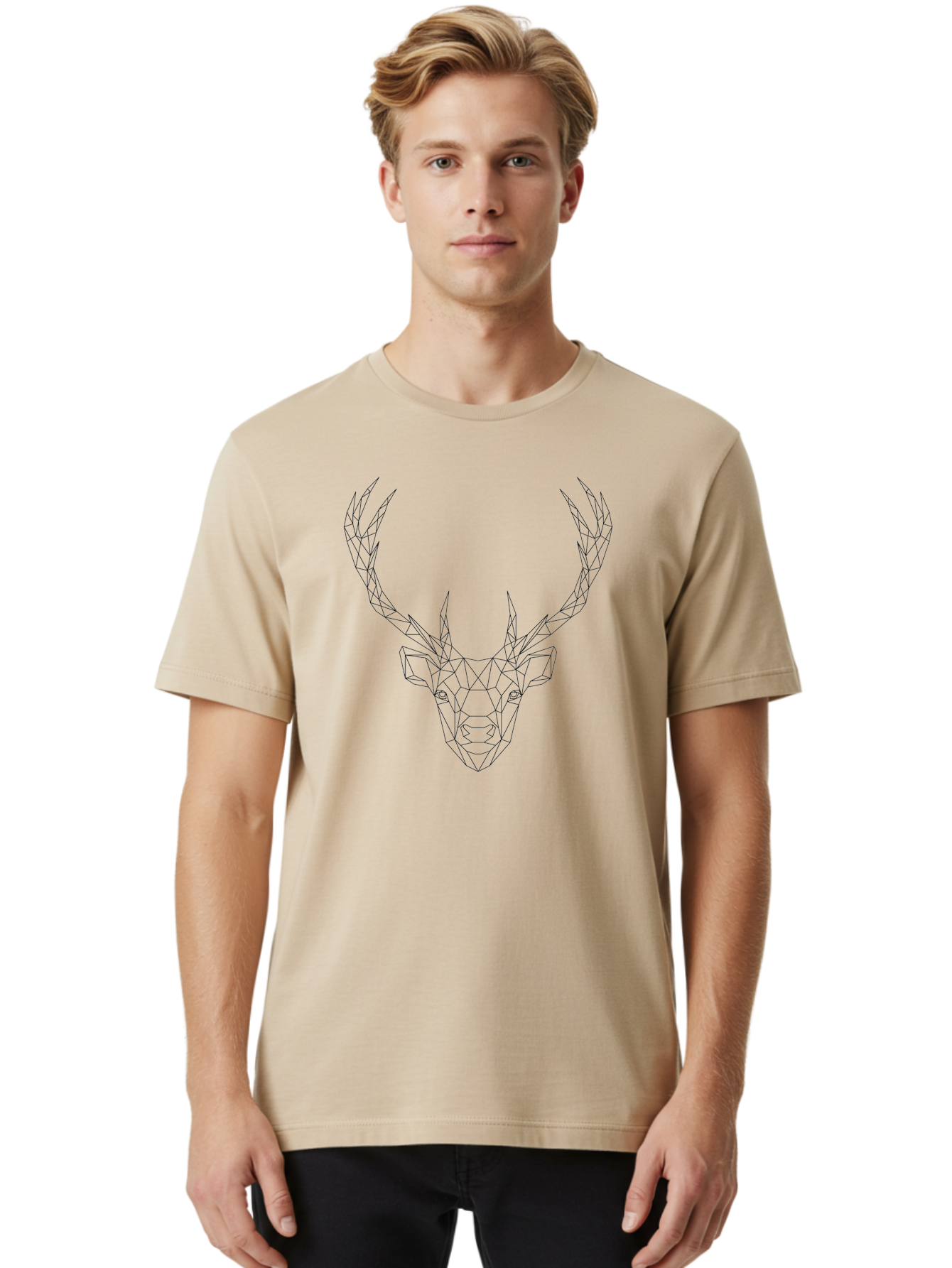 Deer-Head Men'S Graphic Tee, 100% Cotton, Comfortable Casual Summer Wear, Machine Washable, Geometric Deer Head, Wireframe Art, Low Poly Design, Minimalist Style, Abstract Animal, Modern Illustration, Deer Silhouette, Polygonal Art, - Aaa677 28