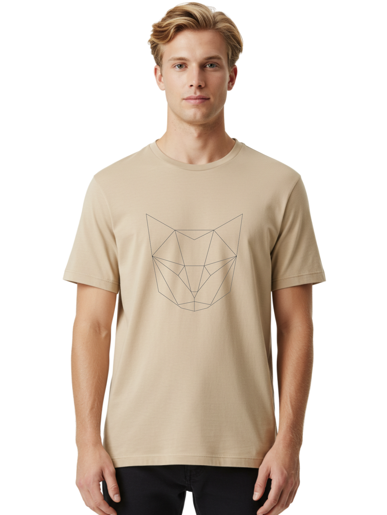 Geometric-Cat-Face Men'S Graphic Tee, 100% Cotton, Comfortable Casual Summer Wear, Machine Washable, Geometric Wolf Head, Low Poly Art, Minimalist Design, Black Lines, Polygonal Shape, Modern Digital Art, Abstract Animal Illustration, - Aaa689 4