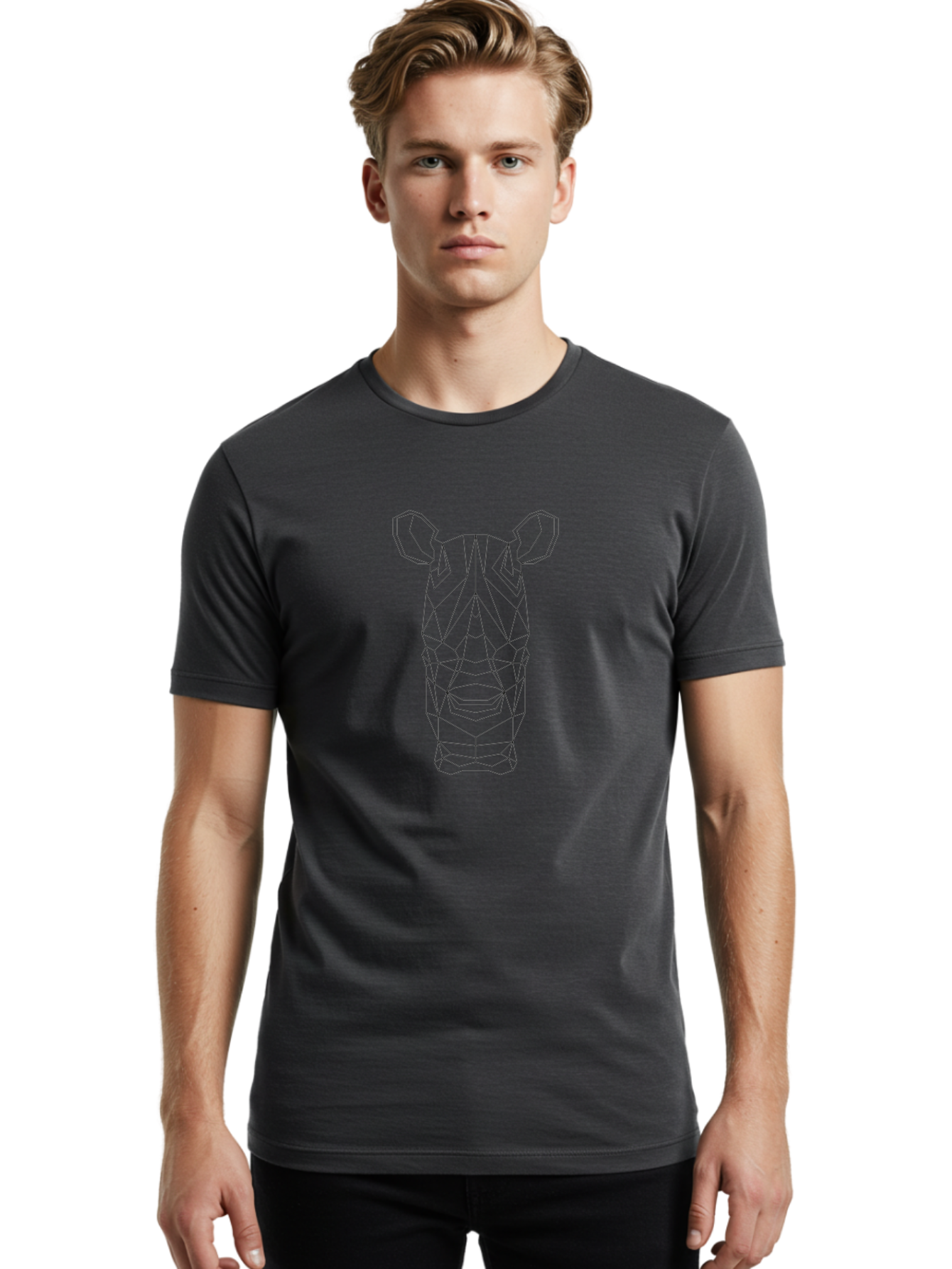 Rhino-Head Men'S Graphic Tee, 100% Cotton, Comfortable Casual Summer Wear, Machine Washable, Rhinoceros Illustration, Wireframe Design, Geometric Facets, Black Outline, Abstract Art, Wildlife Graphics, Polygon Mesh, Minimalist Style, - Aaa736 8