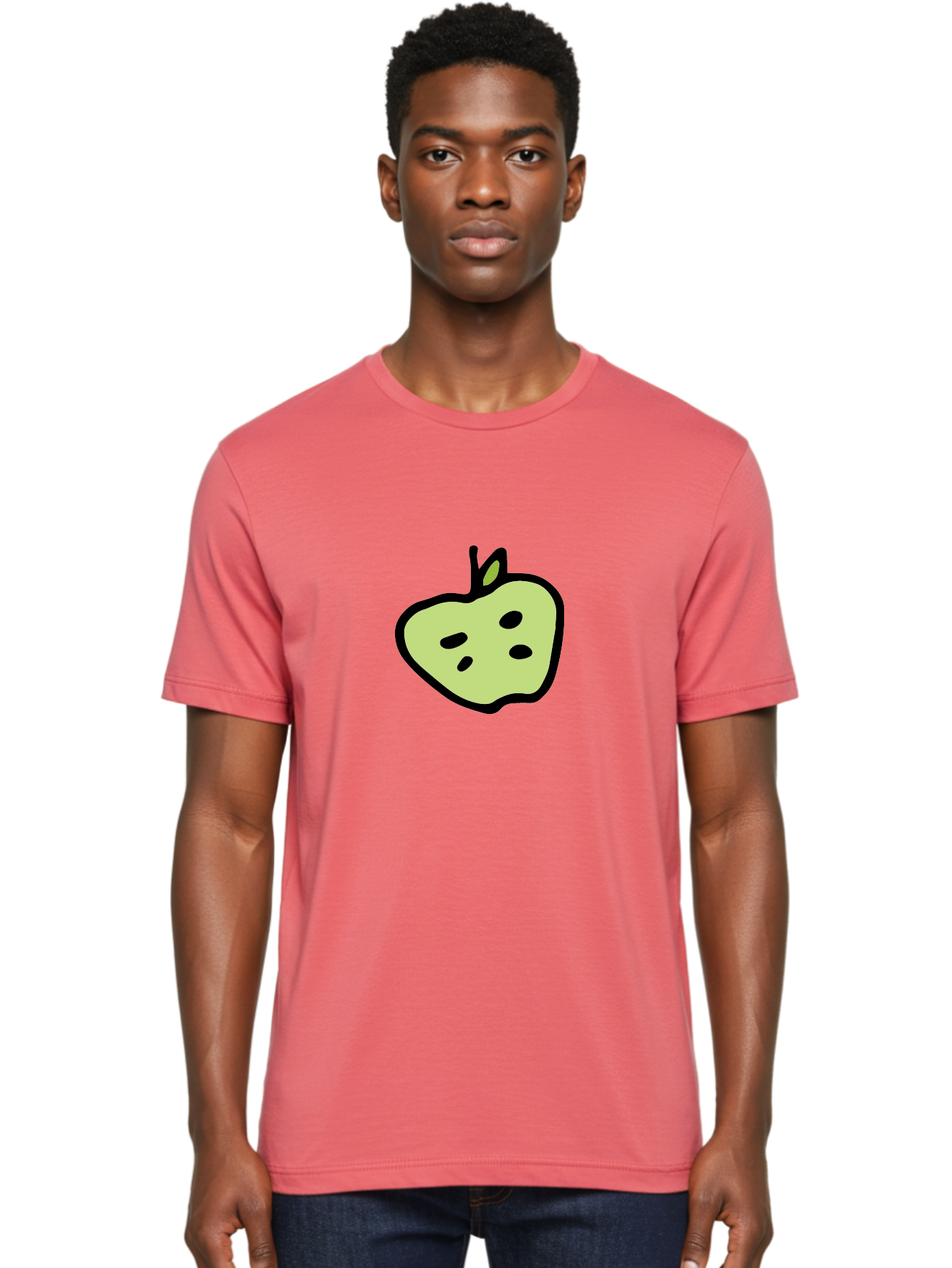 Apple Men'S Graphic Tee, 100% Cotton, Comfortable Casual Summer Wear, Machine Washable, Cartoon Apple, Simple Illustration, Green Apple, Black Outline, Leafy Stem, Seeded Fruit, Digital Art, Cute Design - Aaa740 22
