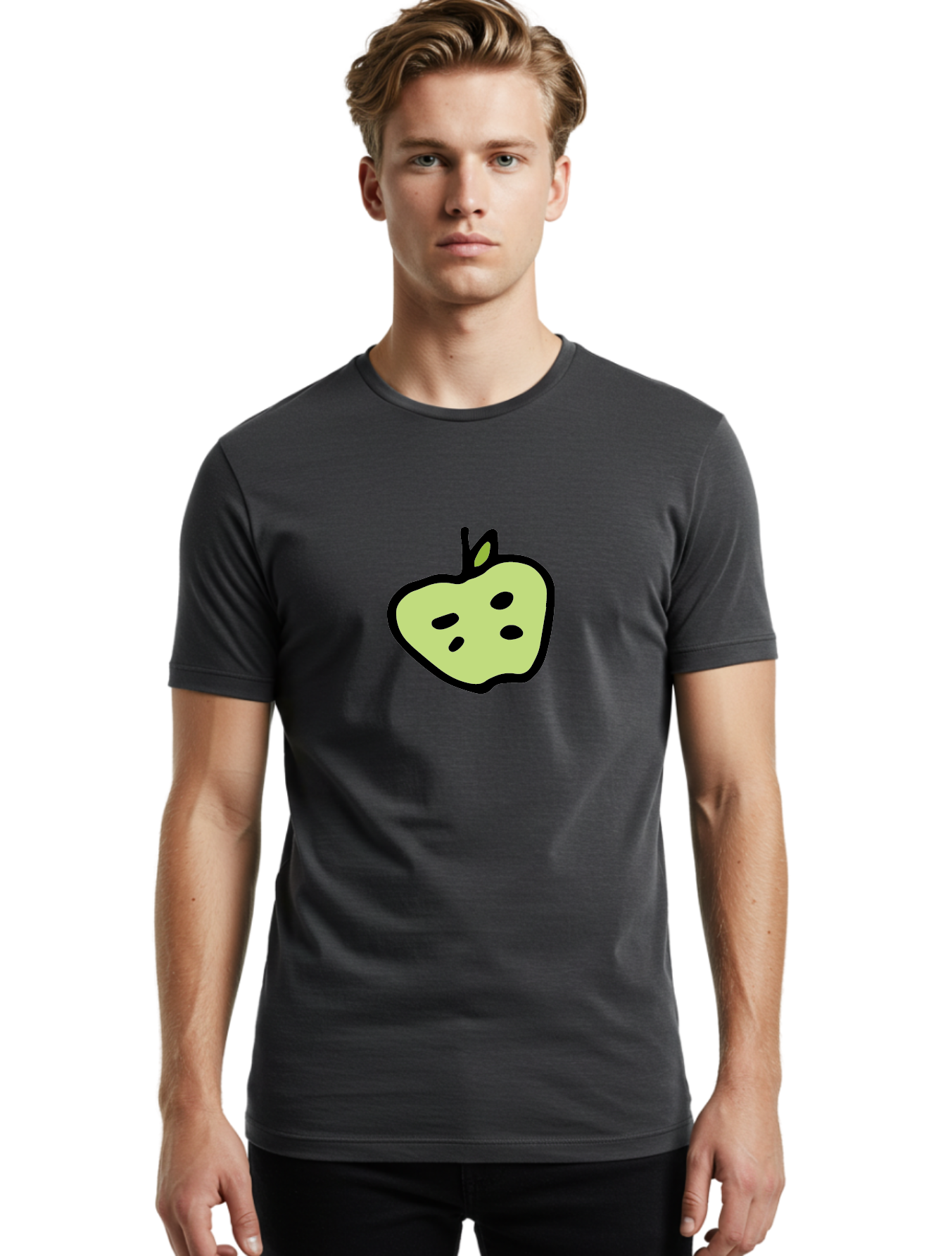 Apple Men'S Graphic Tee, 100% Cotton, Comfortable Casual Summer Wear, Machine Washable, Cartoon Apple, Simple Illustration, Green Apple, Black Outline, Leafy Stem, Seeded Fruit, Digital Art, Cute Design - Aaa740 4