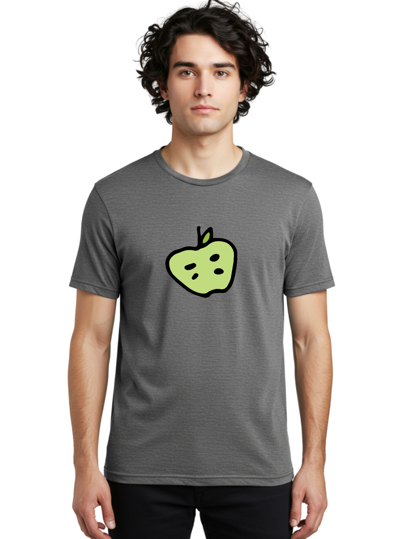 Apple Men'S Graphic Tee, 100% Cotton, Comfortable Casual Summer Wear, Machine Washable, Cartoon Apple, Simple Illustration, Green Apple, Black Outline, Leafy Stem, Seeded Fruit, Digital Art, Cute Design - Aaa740 20