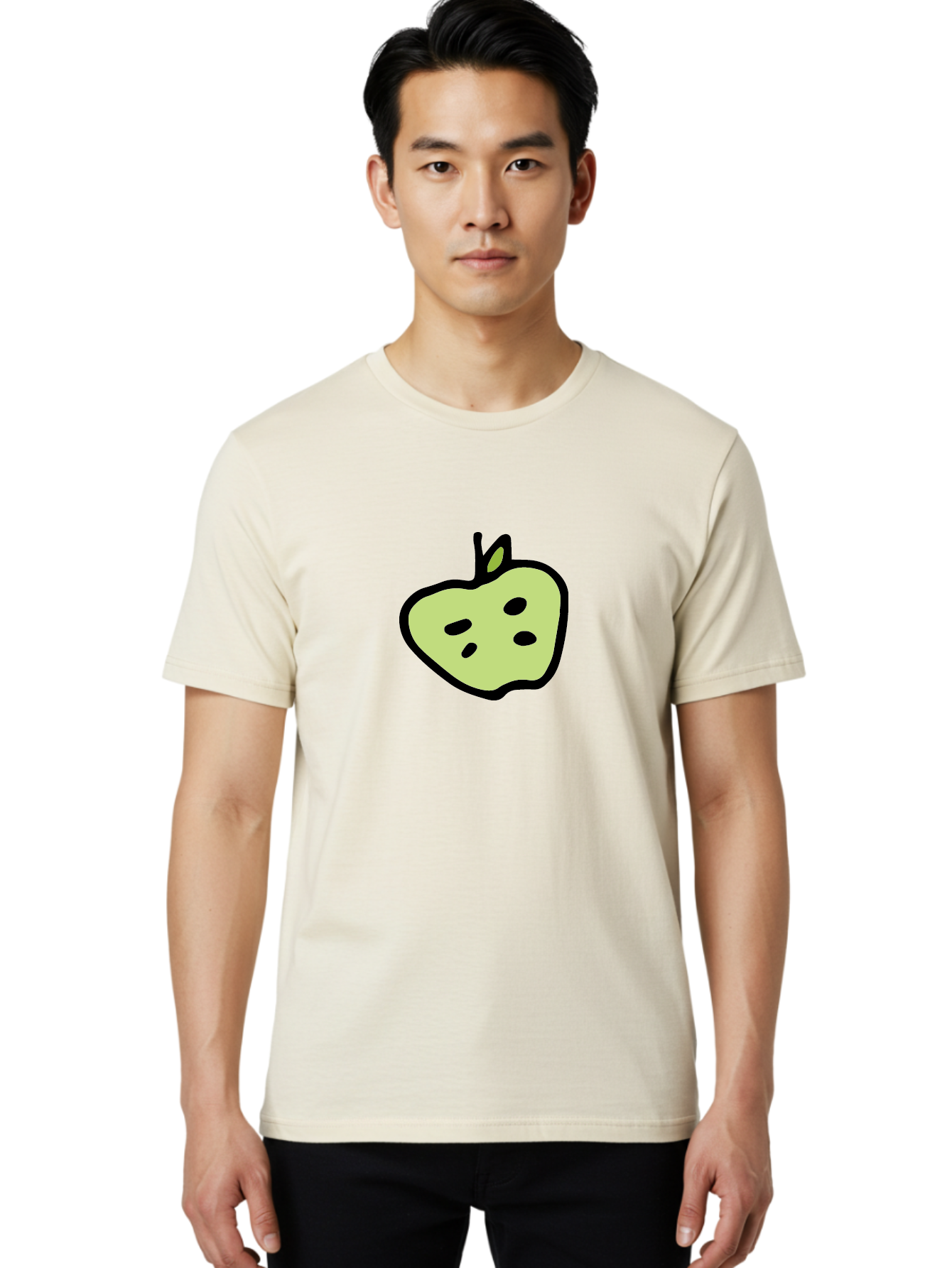 Apple Men'S Graphic Tee, 100% Cotton, Comfortable Casual Summer Wear, Machine Washable, Cartoon Apple, Simple Illustration, Green Apple, Black Outline, Leafy Stem, Seeded Fruit, Digital Art, Cute Design - Aaa740 12