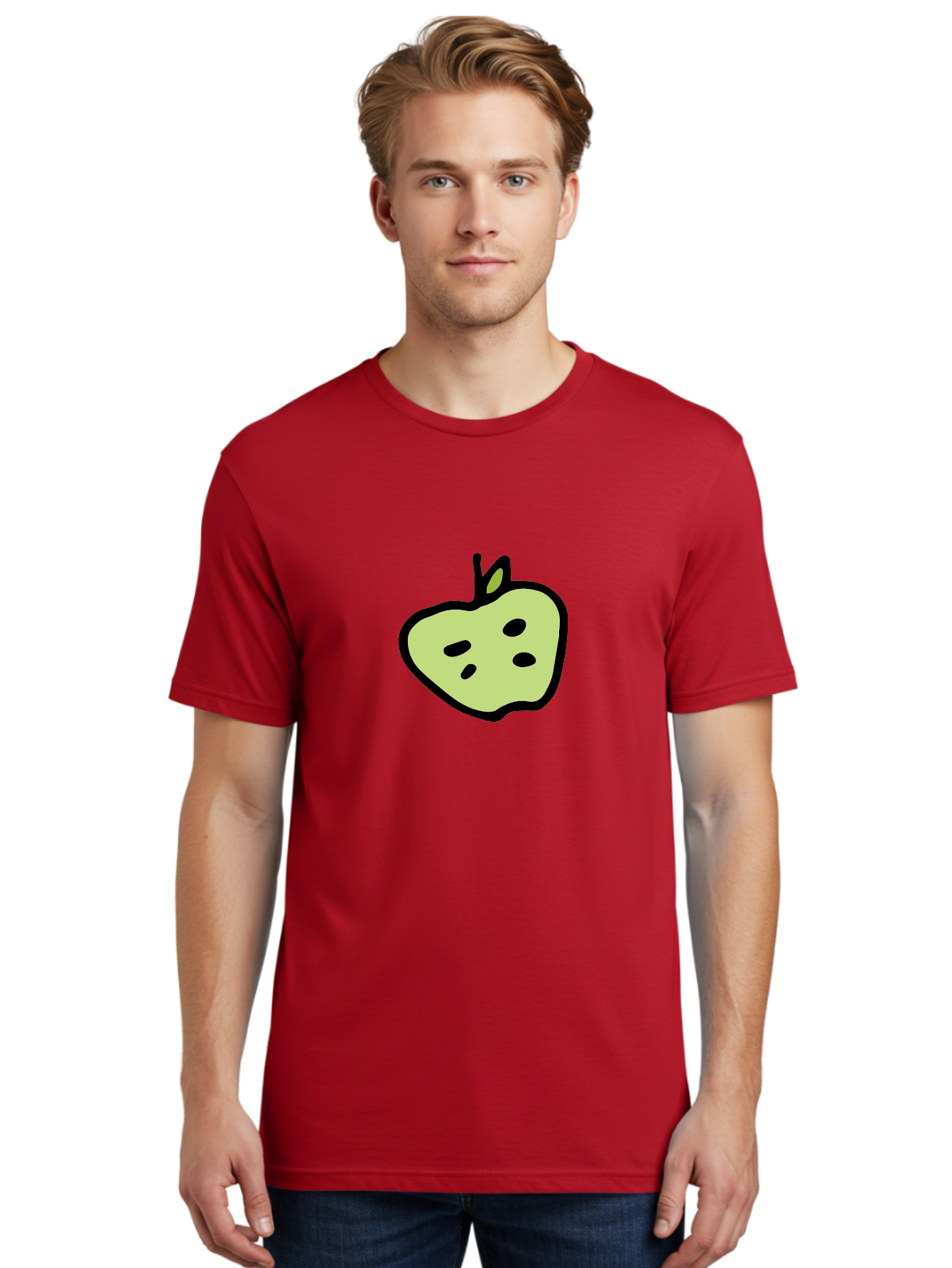 Apple Men'S Graphic Tee, 100% Cotton, Comfortable Casual Summer Wear, Machine Washable, Cartoon Apple, Simple Illustration, Green Apple, Black Outline, Leafy Stem, Seeded Fruit, Digital Art, Cute Design - Aaa740 30