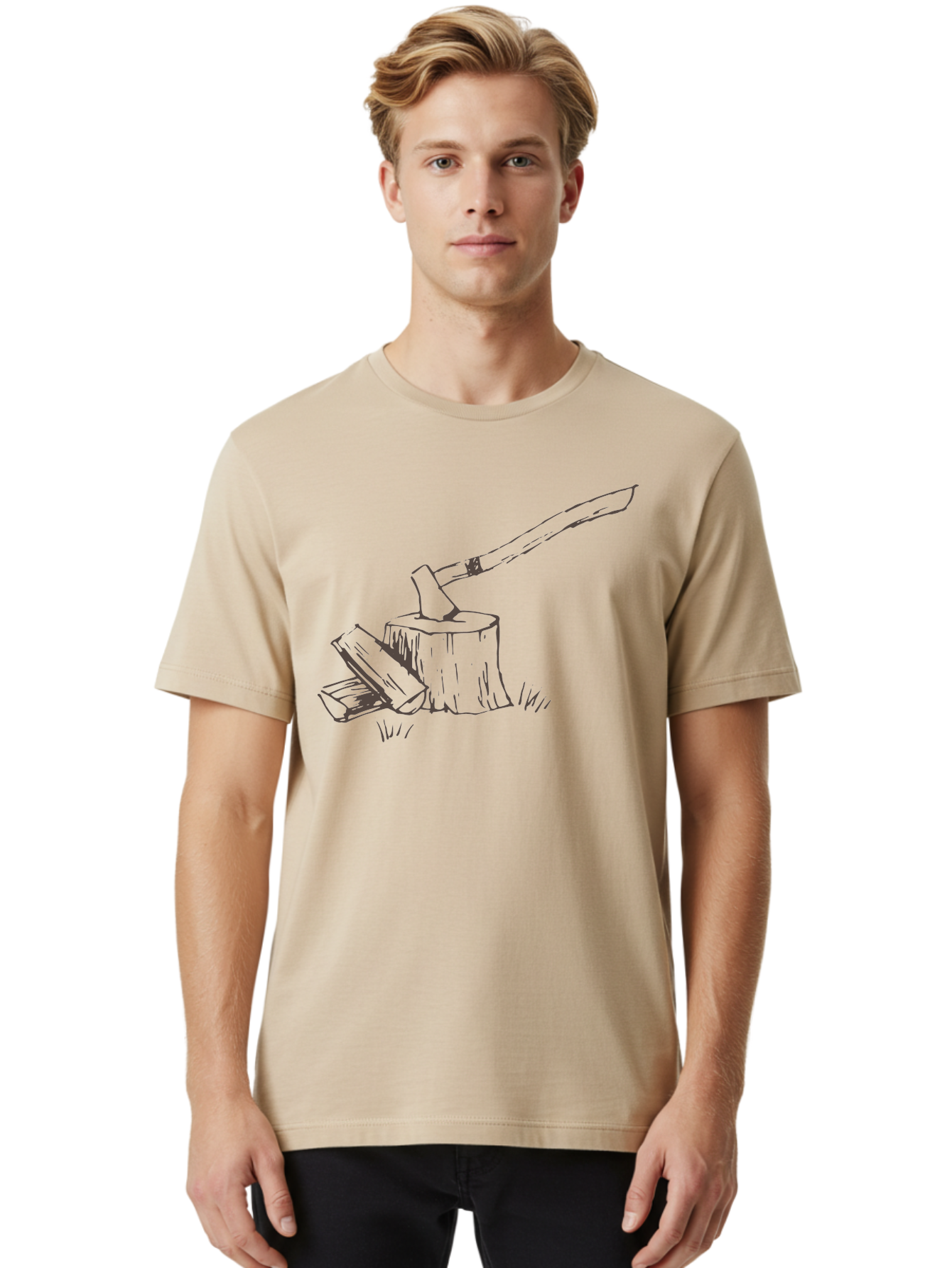 Axe-Chopping-Wood Men'S Graphic Tee, 100% Cotton, Comfortable Casual Summer Wear, Machine Washable, Axe On Chopping Block, Chopping Wood, Log Splitting, Firewood Preparation, Rustic Tools, Outdoor Activity, Axe Handle, Wooden Stump - Aaa749 24