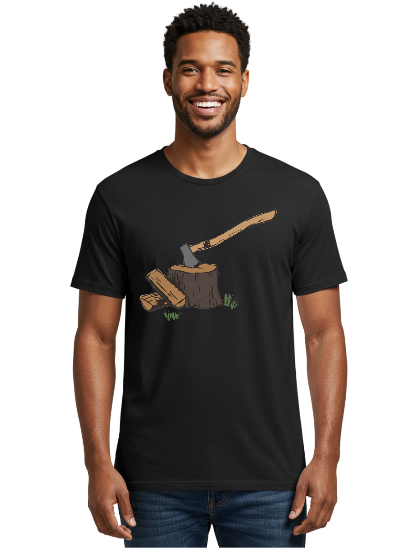 Axe-In-Stump Men'S Graphic Tee, 100% Cotton, Comfortable Casual Summer Wear, Machine Washable, Axe Stuck In Tree Stump, Chopped Wood, Outdoor Activity, Lumberjack Work, Forest Scenery, Wooden Handle, Grassy Surroundings - Aaa750 18