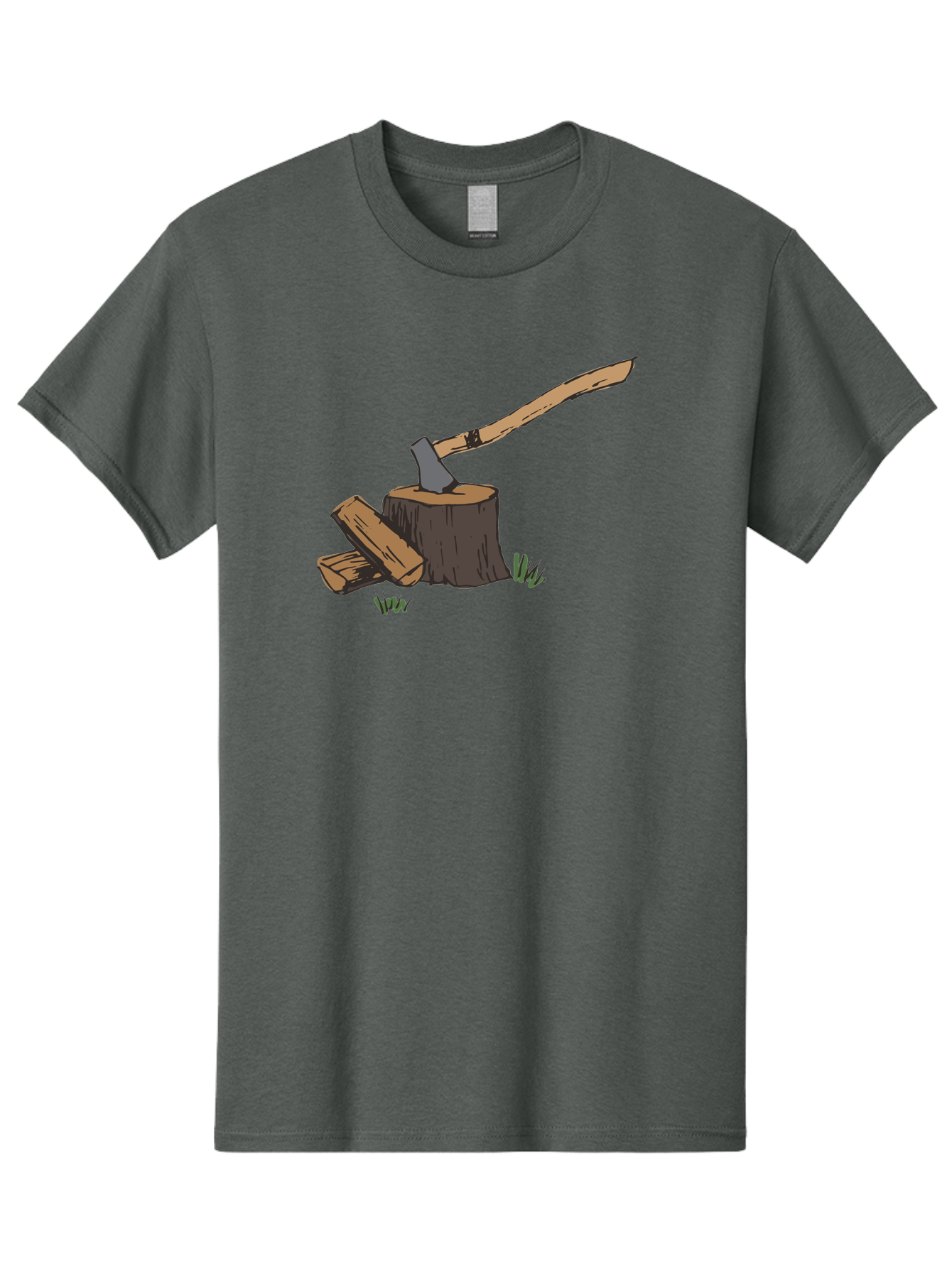 Axe-In-Stump Men'S Graphic Tee, 100% Cotton, Comfortable Casual Summer Wear, Machine Washable, Axe Stuck In Tree Stump, Chopped Wood, Outdoor Activity, Lumberjack Work, Forest Scenery, Wooden Handle, Grassy Surroundings - Aaa750 1