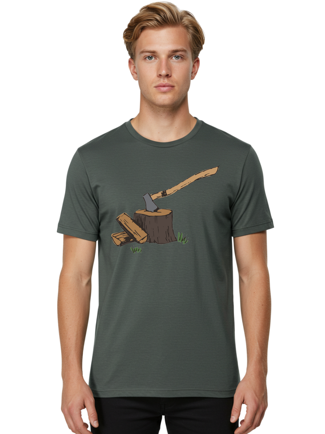 Axe-In-Stump Men'S Graphic Tee, 100% Cotton, Comfortable Casual Summer Wear, Machine Washable, Axe Stuck In Tree Stump, Chopped Wood, Outdoor Activity, Lumberjack Work, Forest Scenery, Wooden Handle, Grassy Surroundings - Aaa750 2