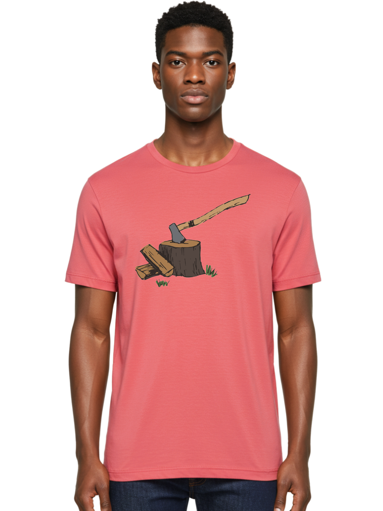 Axe-In-Stump Men'S Graphic Tee, 100% Cotton, Comfortable Casual Summer Wear, Machine Washable, Axe Stuck In Tree Stump, Chopped Wood, Outdoor Activity, Lumberjack Work, Forest Scenery, Wooden Handle, Grassy Surroundings - Aaa750 20
