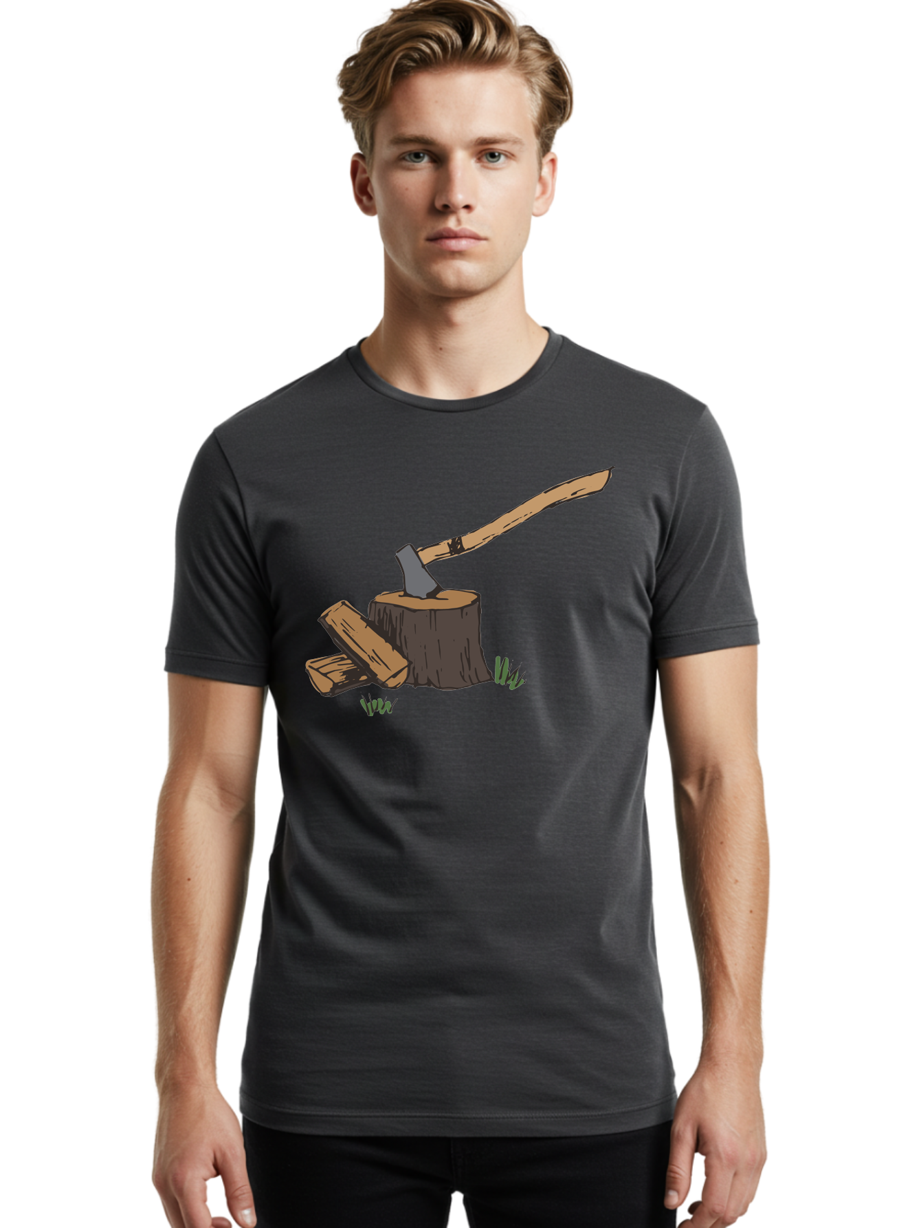 Axe-In-Stump Men'S Graphic Tee, 100% Cotton, Comfortable Casual Summer Wear, Machine Washable, Axe Stuck In Tree Stump, Chopped Wood, Outdoor Activity, Lumberjack Work, Forest Scenery, Wooden Handle, Grassy Surroundings - Aaa750 16