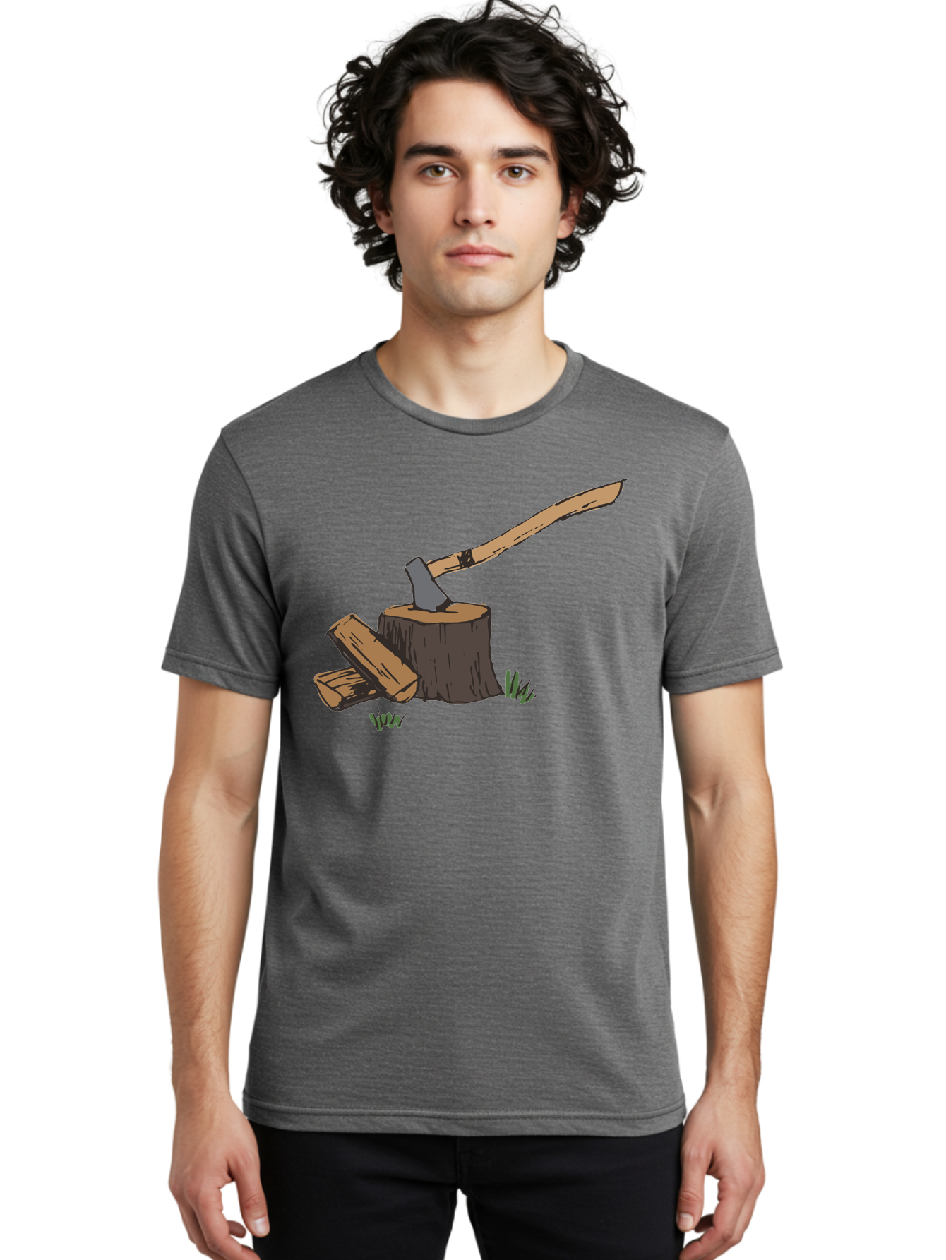 Axe-In-Stump Men'S Graphic Tee, 100% Cotton, Comfortable Casual Summer Wear, Machine Washable, Axe Stuck In Tree Stump, Chopped Wood, Outdoor Activity, Lumberjack Work, Forest Scenery, Wooden Handle, Grassy Surroundings - Aaa750 14