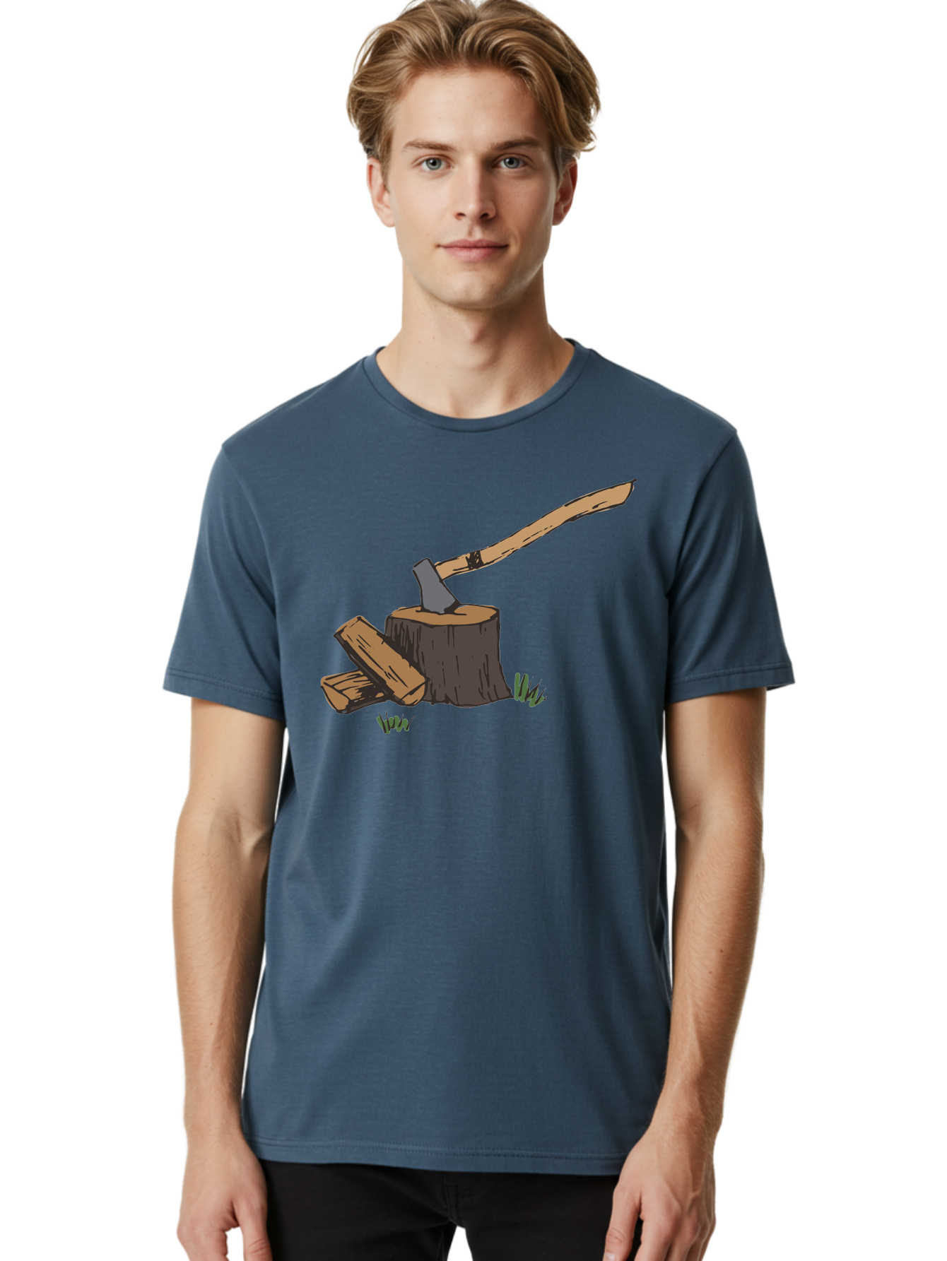 Axe-In-Stump Men'S Graphic Tee, 100% Cotton, Comfortable Casual Summer Wear, Machine Washable, Axe Stuck In Tree Stump, Chopped Wood, Outdoor Activity, Lumberjack Work, Forest Scenery, Wooden Handle, Grassy Surroundings - Aaa750 8
