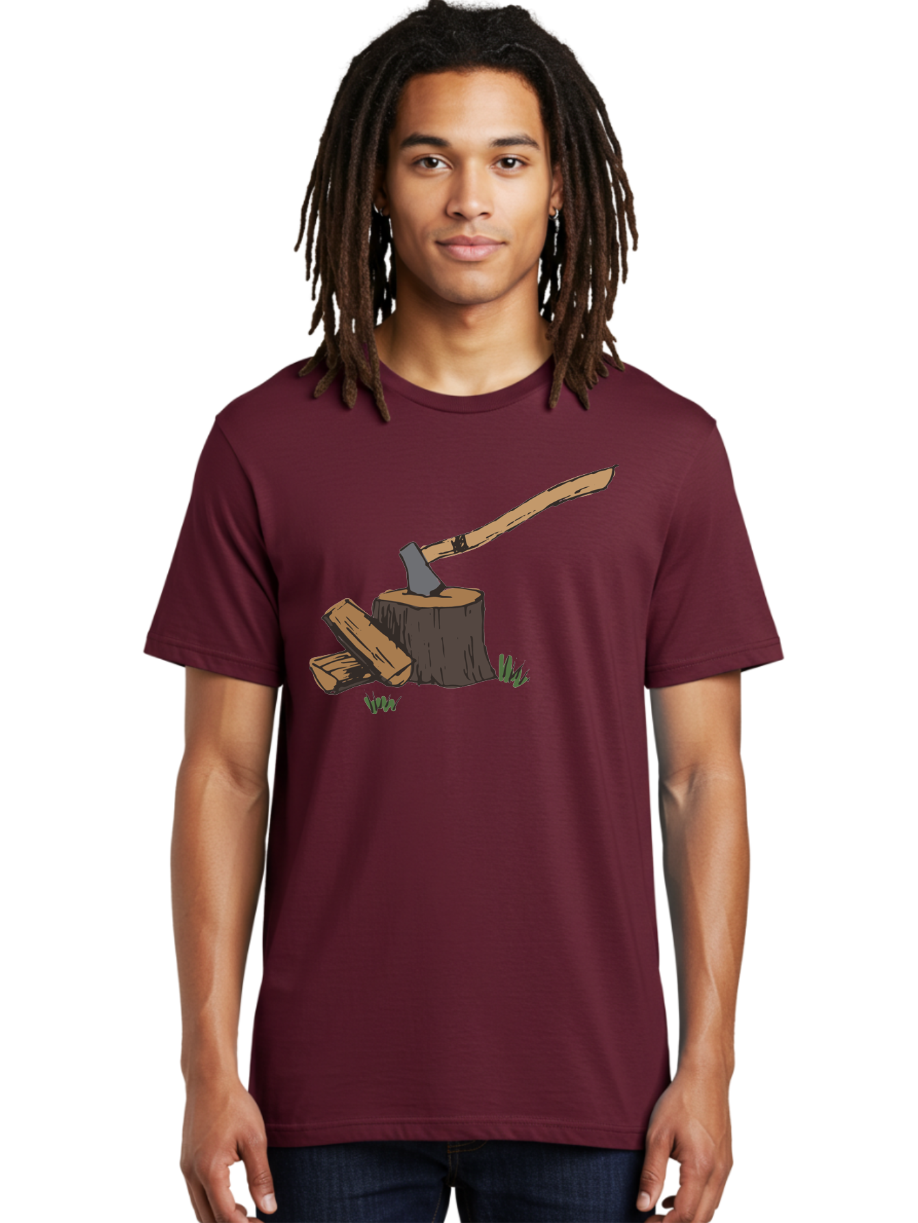 Axe-In-Stump Men'S Graphic Tee, 100% Cotton, Comfortable Casual Summer Wear, Machine Washable, Axe Stuck In Tree Stump, Chopped Wood, Outdoor Activity, Lumberjack Work, Forest Scenery, Wooden Handle, Grassy Surroundings - Aaa750 10