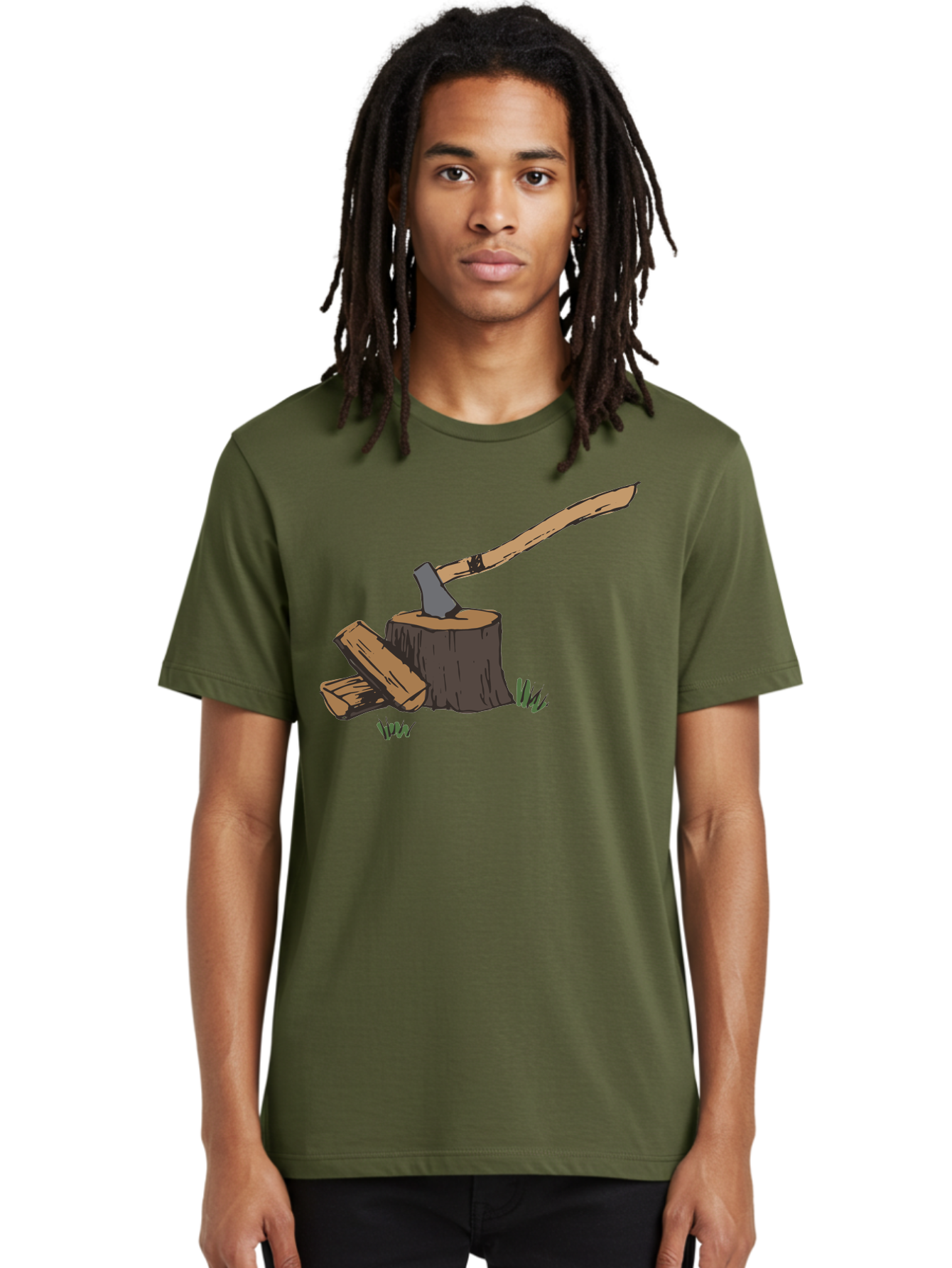 Axe-In-Stump Men'S Graphic Tee, 100% Cotton, Comfortable Casual Summer Wear, Machine Washable, Axe Stuck In Tree Stump, Chopped Wood, Outdoor Activity, Lumberjack Work, Forest Scenery, Wooden Handle, Grassy Surroundings - Aaa750 12
