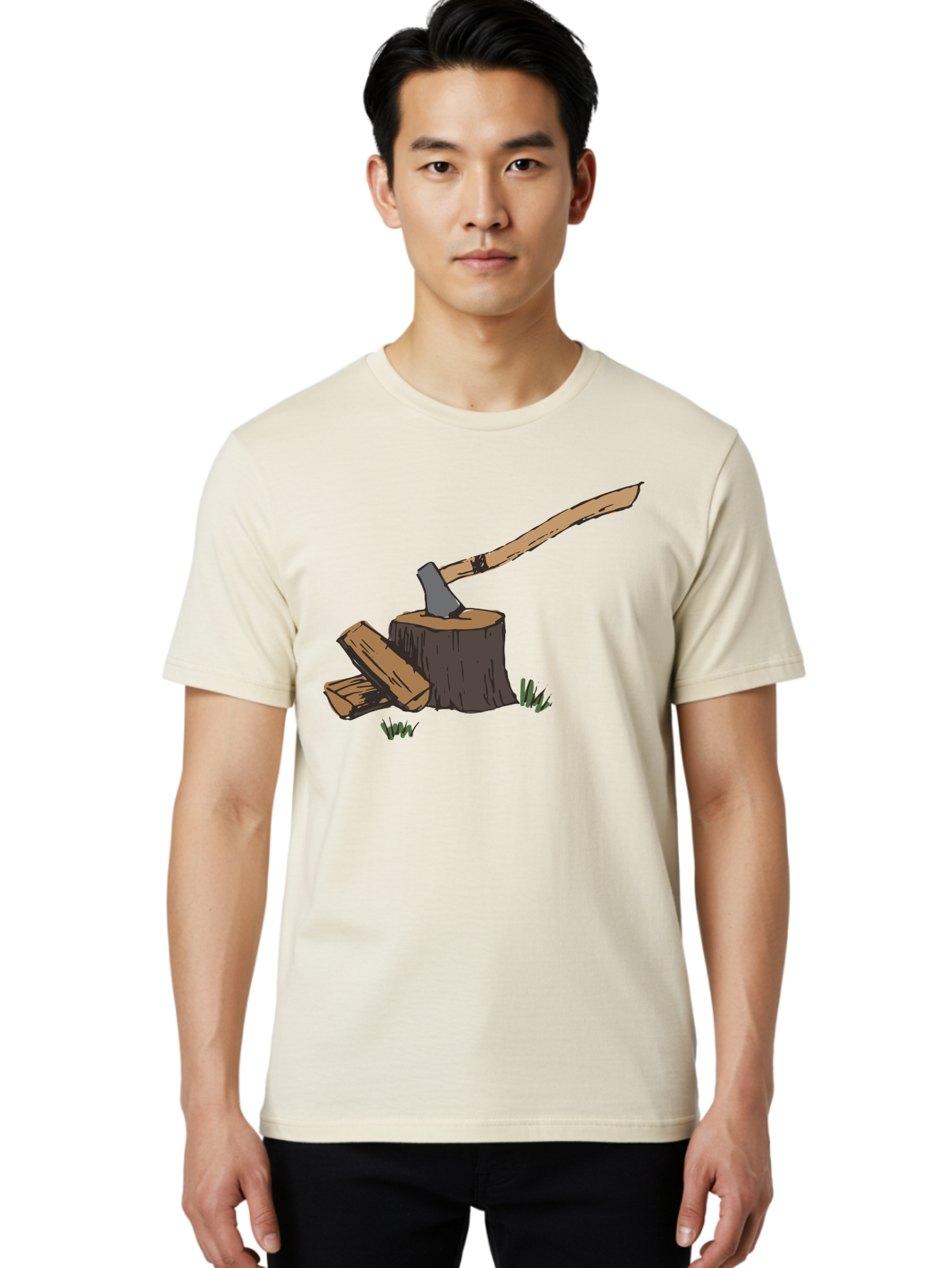 Axe-In-Stump Men'S Graphic Tee, 100% Cotton, Comfortable Casual Summer Wear, Machine Washable, Axe Stuck In Tree Stump, Chopped Wood, Outdoor Activity, Lumberjack Work, Forest Scenery, Wooden Handle, Grassy Surroundings - Aaa750 4