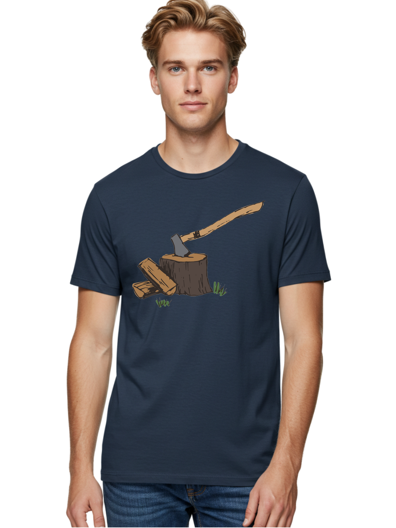 Axe-In-Stump Men'S Graphic Tee, 100% Cotton, Comfortable Casual Summer Wear, Machine Washable, Axe Stuck In Tree Stump, Chopped Wood, Outdoor Activity, Lumberjack Work, Forest Scenery, Wooden Handle, Grassy Surroundings - Aaa750 6