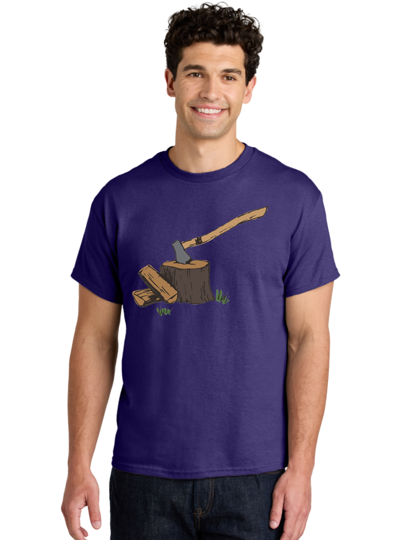 Axe-In-Stump Men'S Graphic Tee, 100% Cotton, Comfortable Casual Summer Wear, Machine Washable, Axe Stuck In Tree Stump, Chopped Wood, Outdoor Activity, Lumberjack Work, Forest Scenery, Wooden Handle, Grassy Surroundings - Aaa750 28