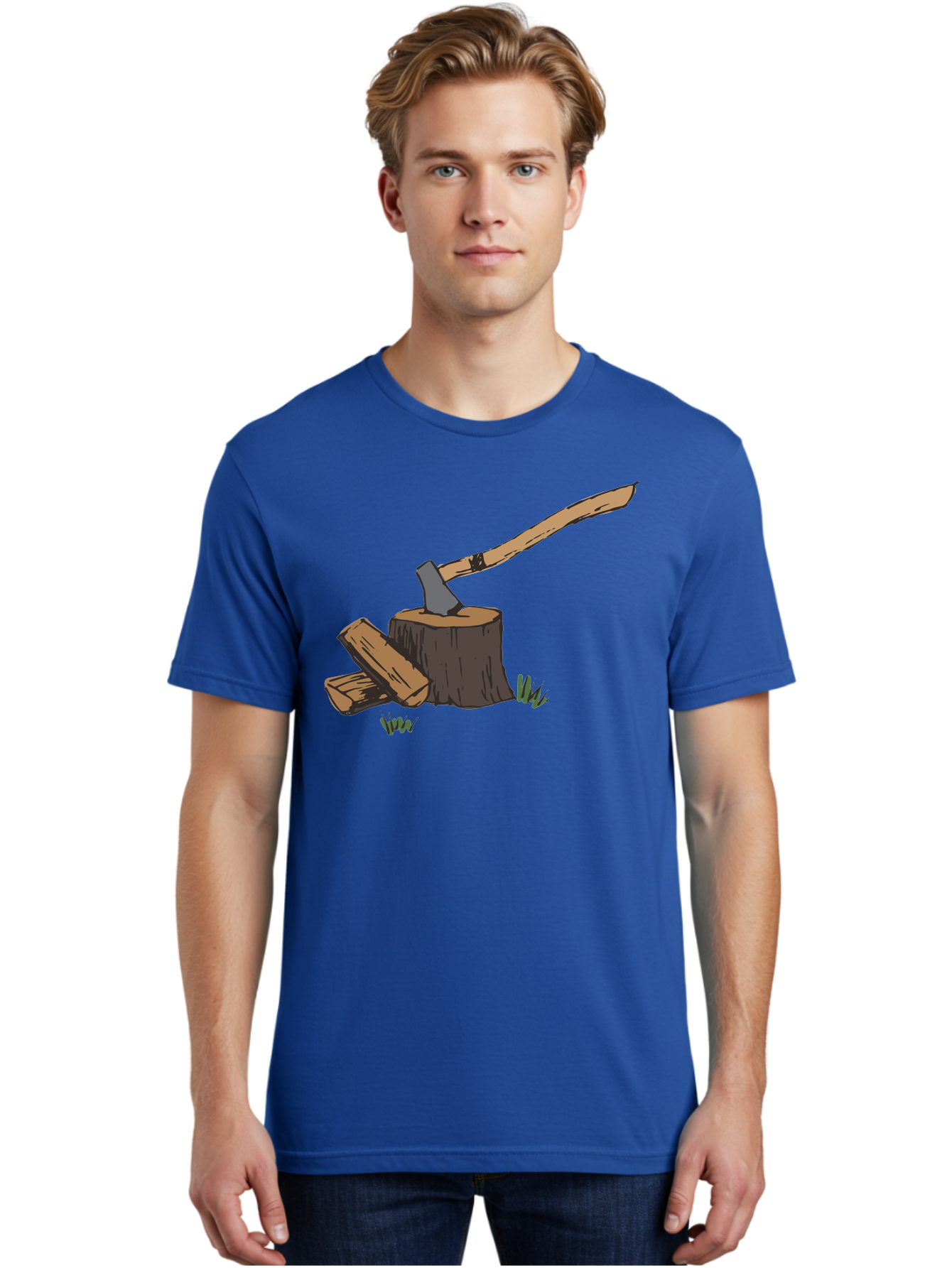 Axe-In-Stump Men'S Graphic Tee, 100% Cotton, Comfortable Casual Summer Wear, Machine Washable, Axe Stuck In Tree Stump, Chopped Wood, Outdoor Activity, Lumberjack Work, Forest Scenery, Wooden Handle, Grassy Surroundings - Aaa750 24